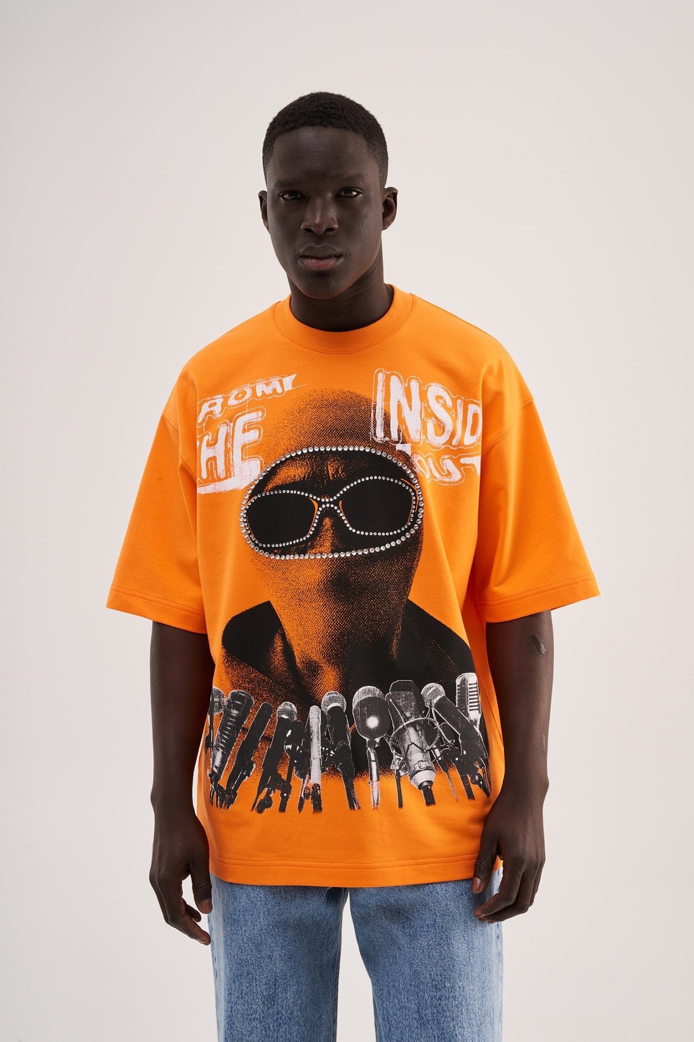 Erkek Rhinestone and Printed Oversize Tişört Elektrik - Turuncu