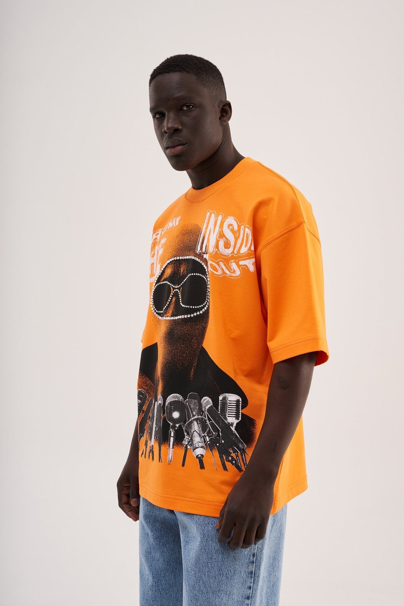 Erkek Rhinestone and Printed Oversize Tişört Elektrik - Turuncu