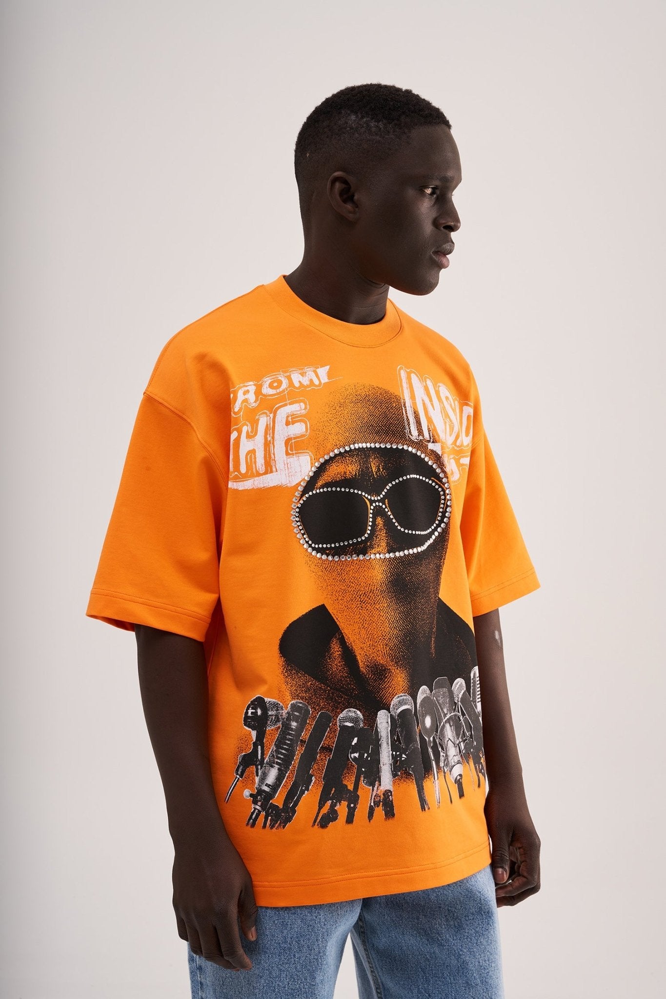 Erkek Rhinestone and Printed Oversize Tişört Elektrik - Turuncu