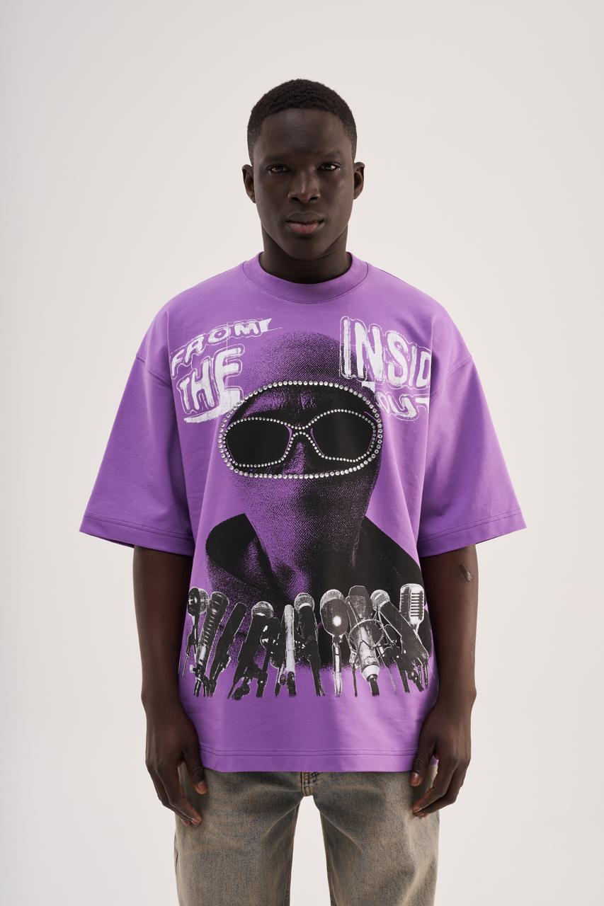 Erkek Rhinestone and Printed Oversize Tişört Mor