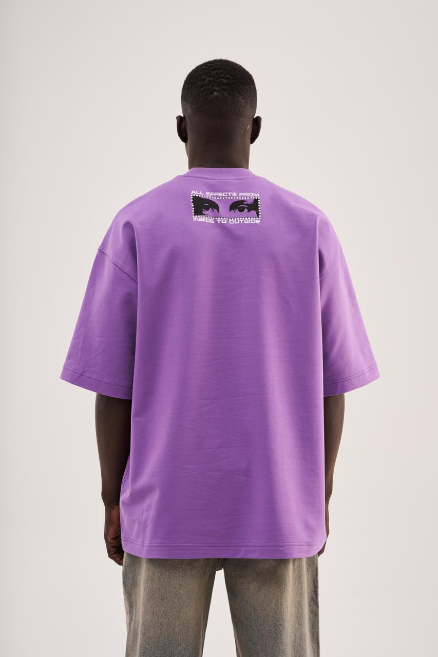 Erkek Rhinestone and Printed Oversize Tişört Mor