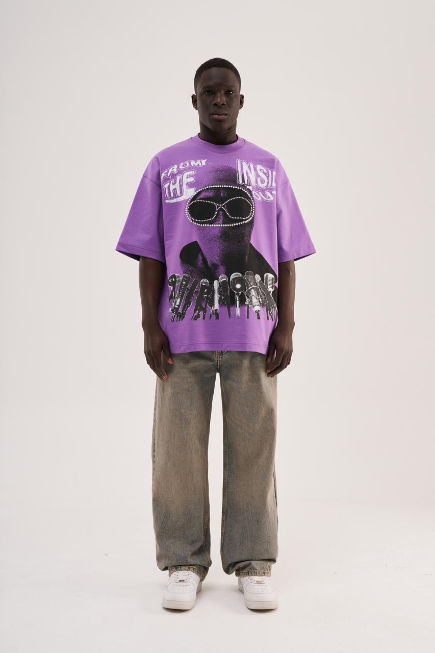 Erkek Rhinestone and Printed Oversize Tişört Mor