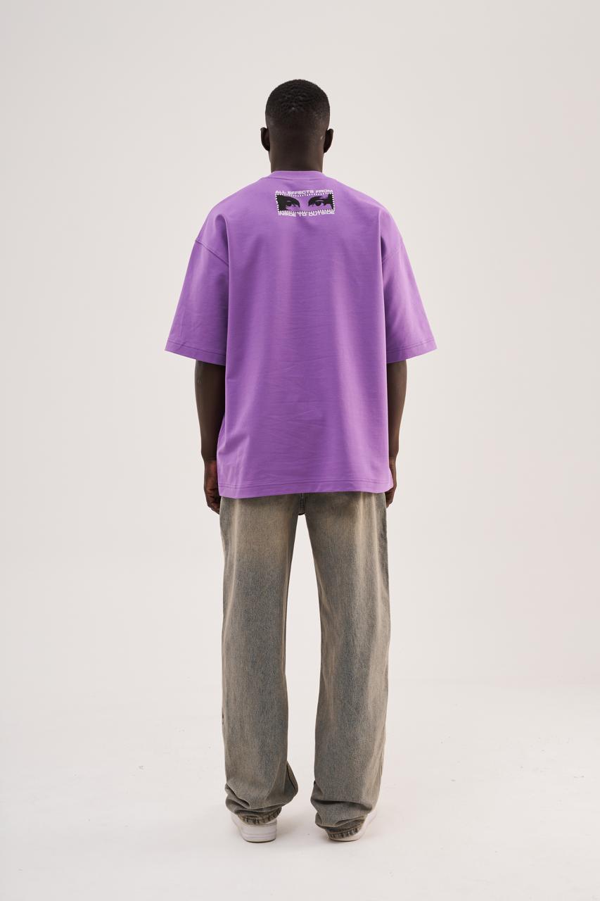 Erkek Rhinestone and Printed Oversize Tişört Mor