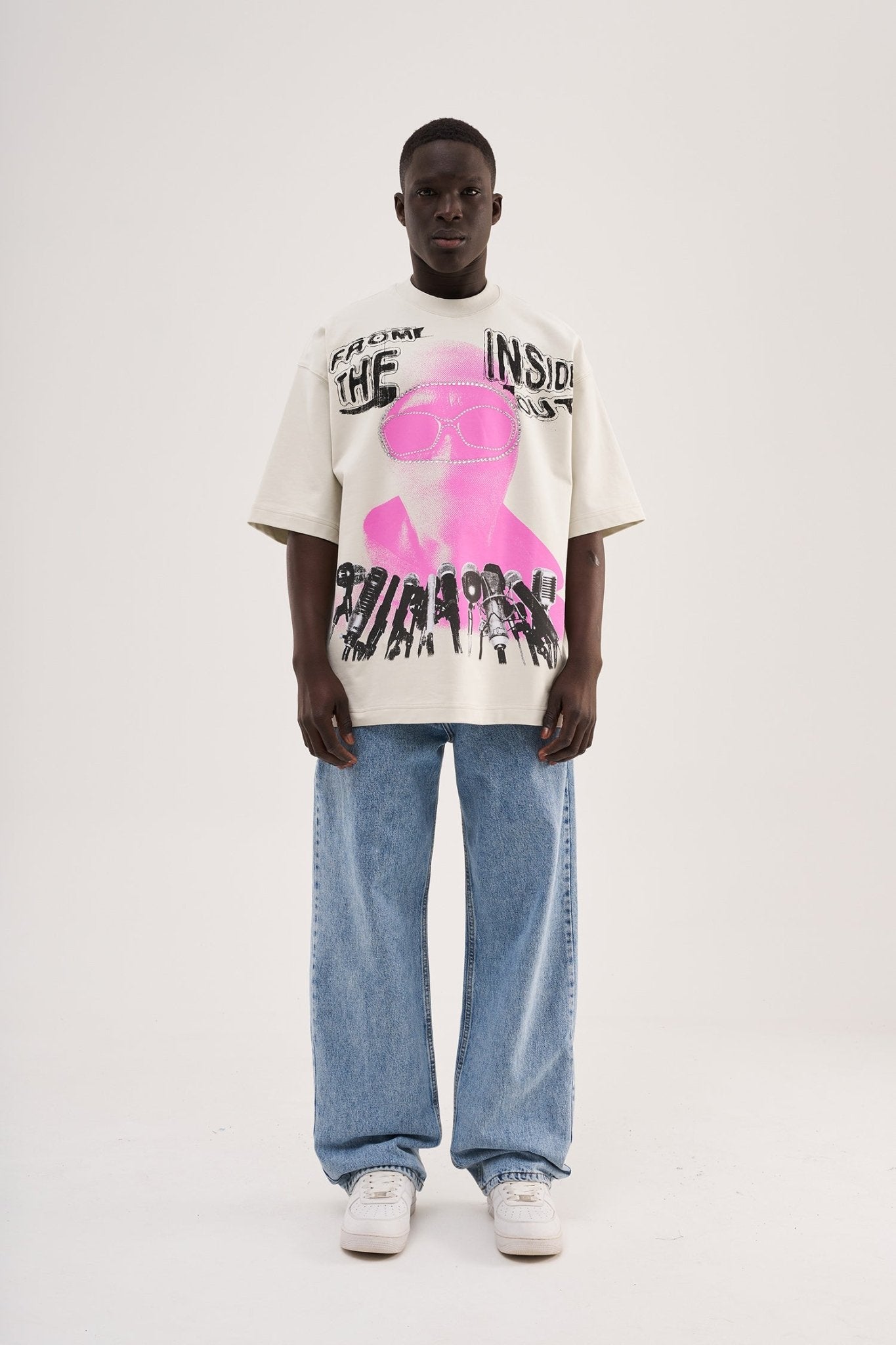 Erkek Rhinestone and Printed Oversize Tişört Uzay Grisi