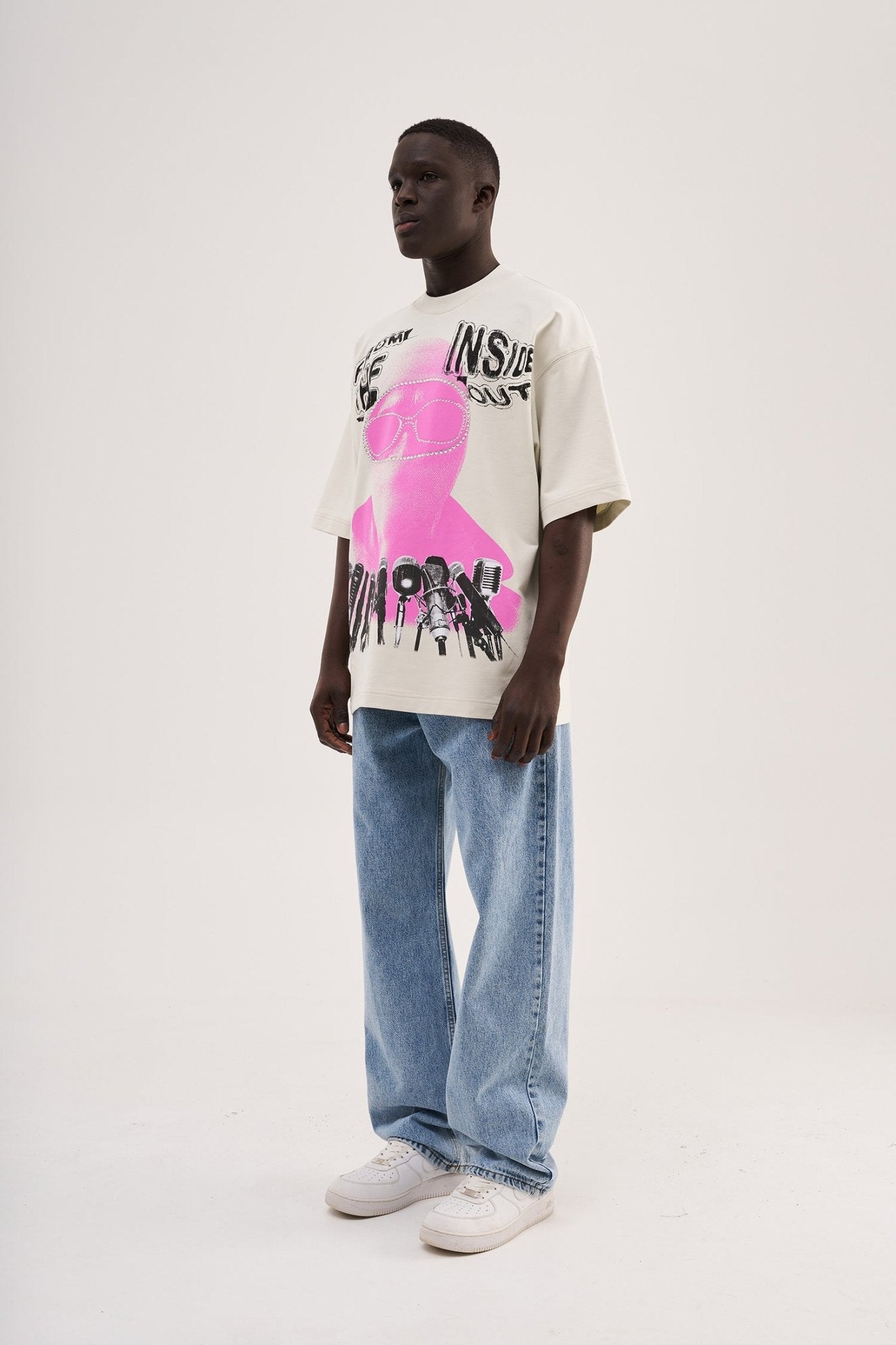 Erkek Rhinestone and Printed Oversize Tişört Uzay Grisi