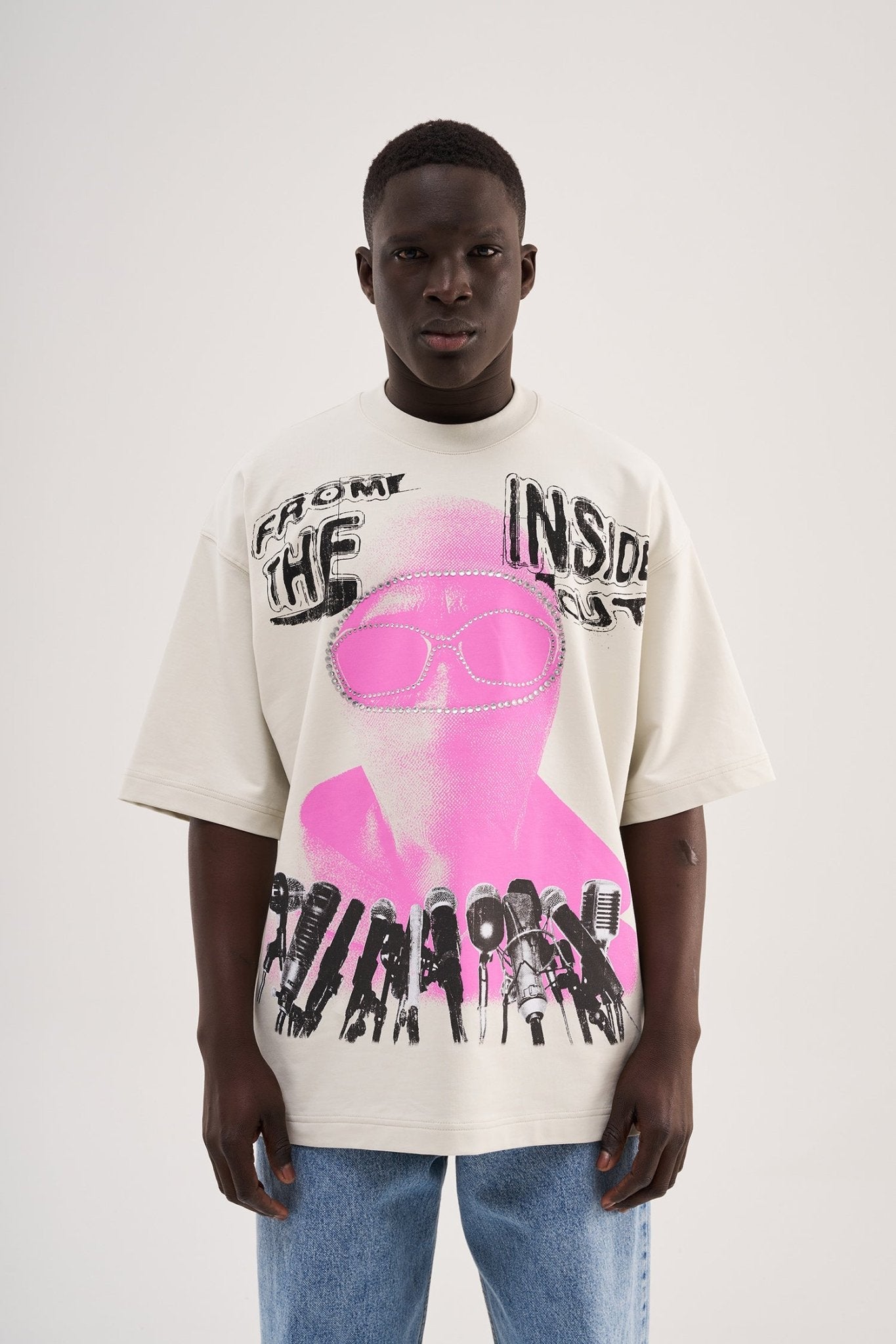 Erkek Rhinestone and Printed Oversize Tişört Uzay Grisi