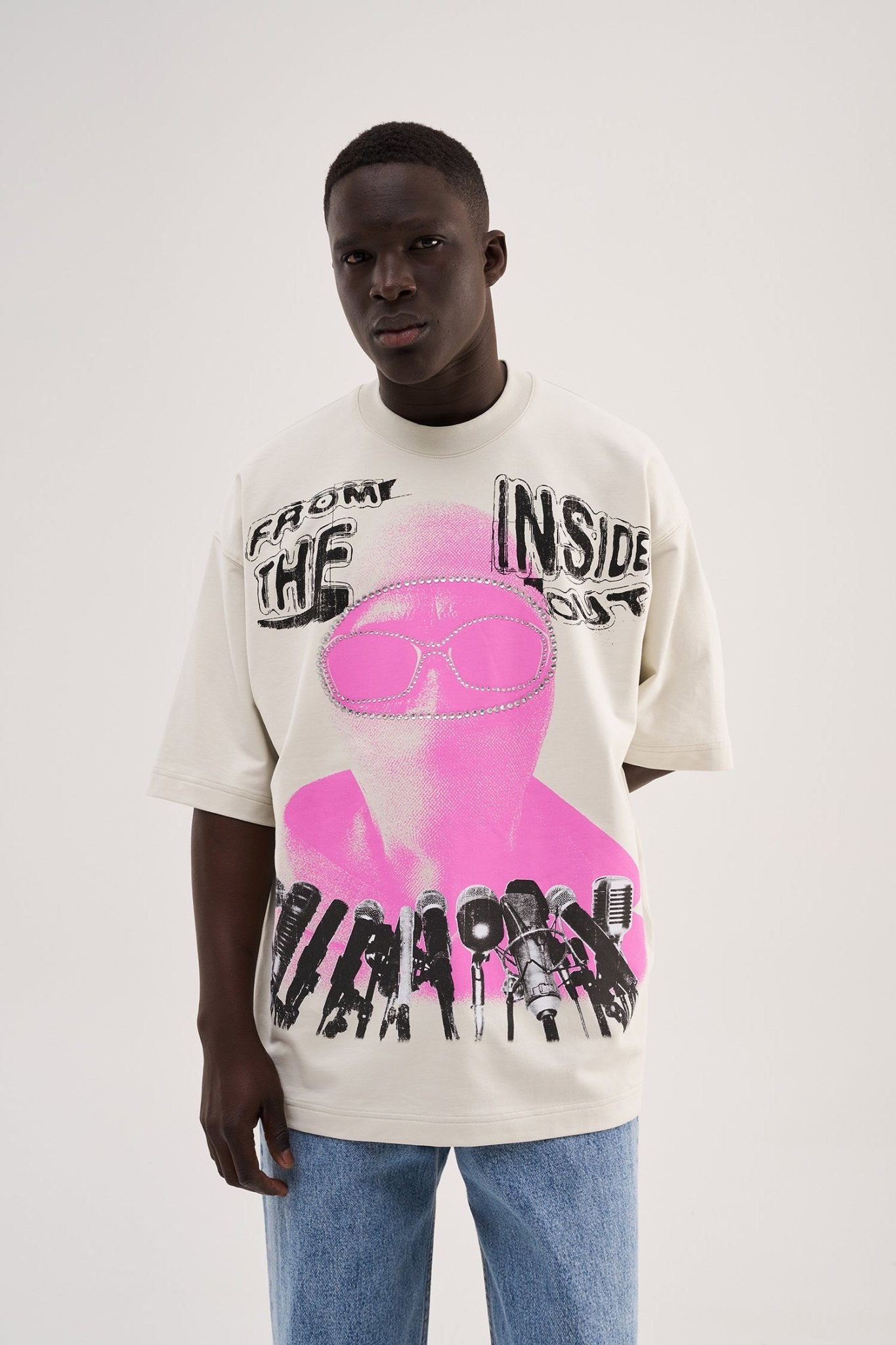 Erkek Rhinestone and Printed Oversize Tişört Uzay Grisi