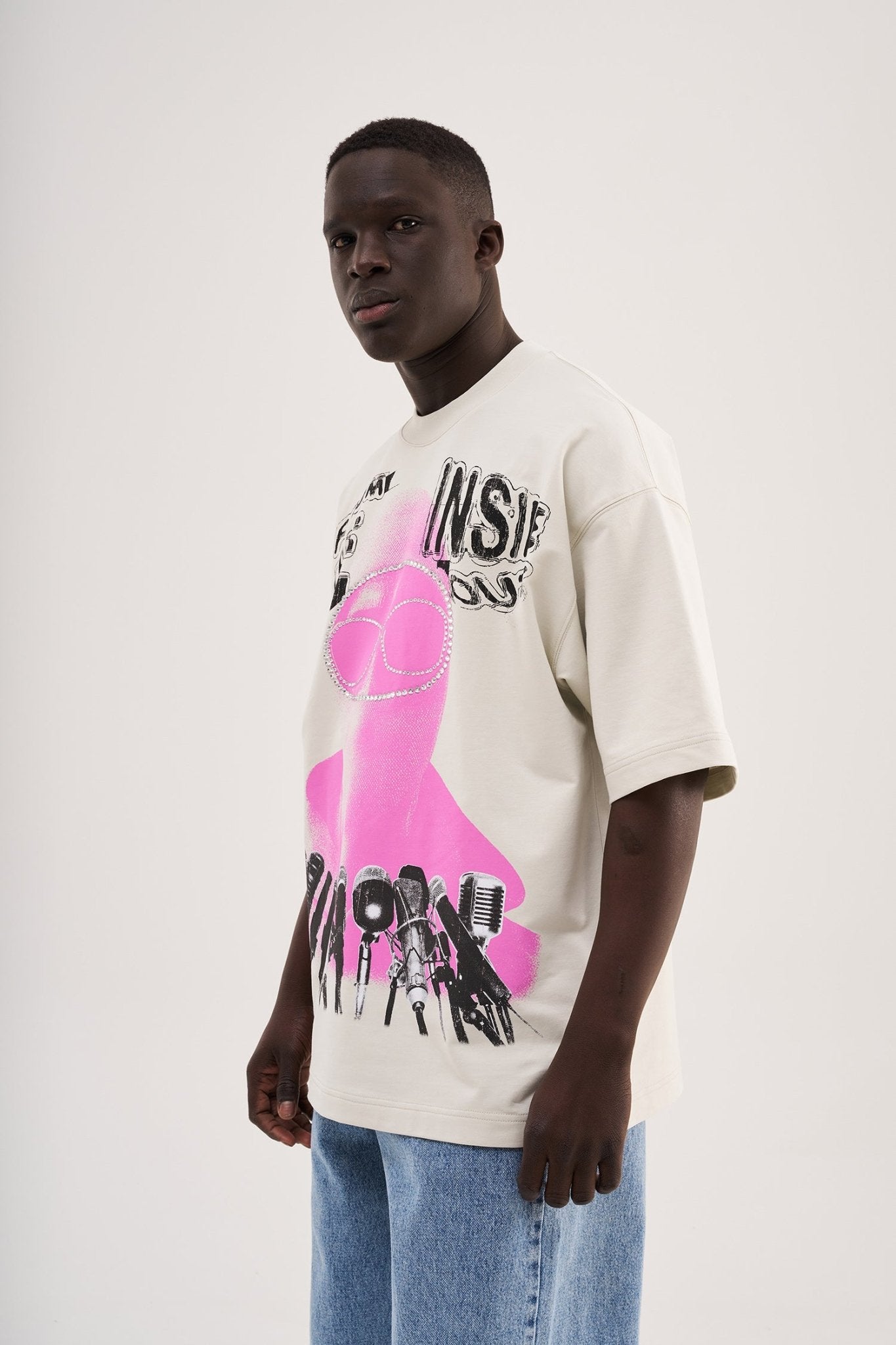Erkek Rhinestone and Printed Oversize Tişört Uzay Grisi