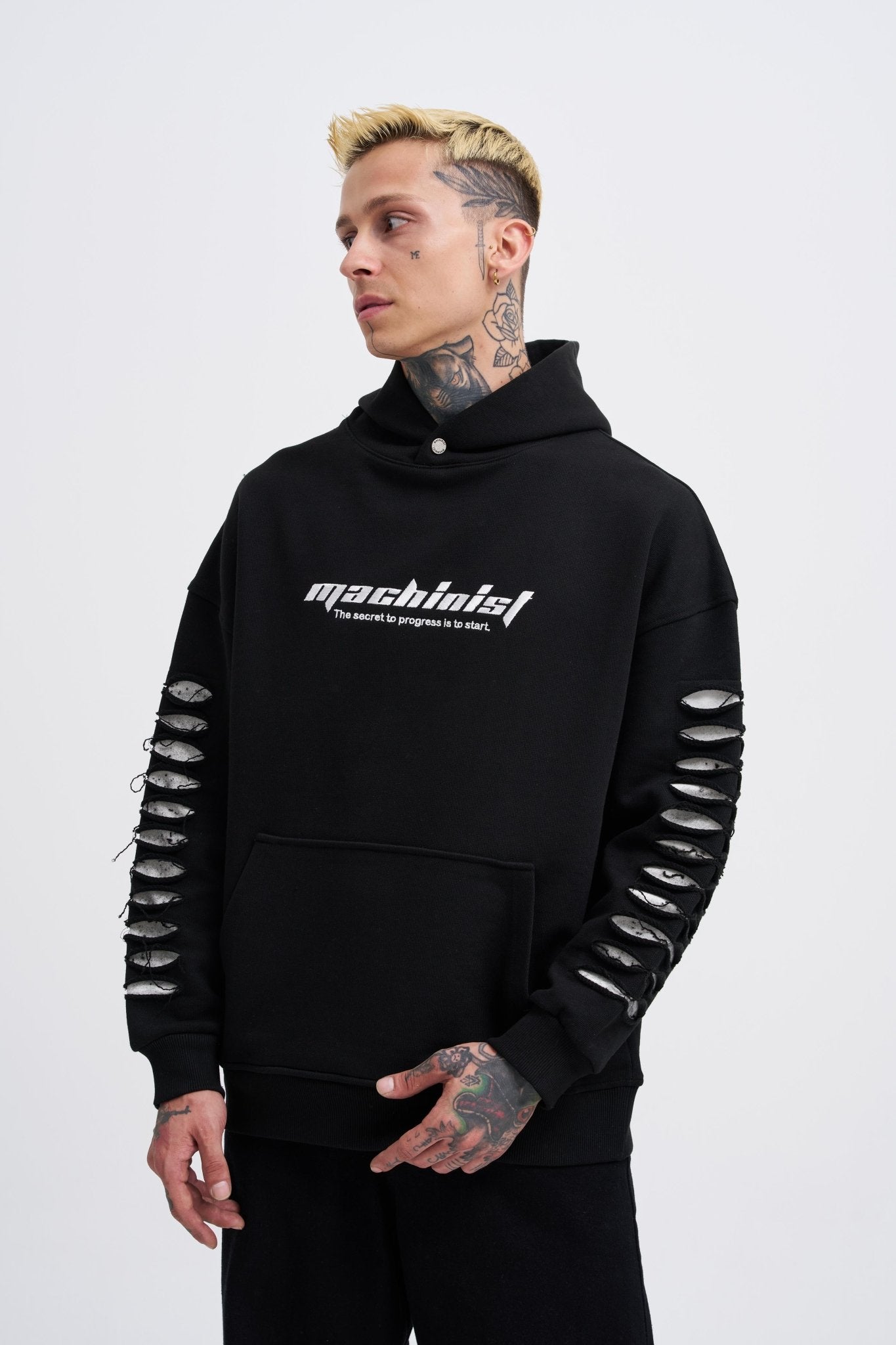Erkek Rıpped Effects Sleeves Kapüşonlu Sweatshirt Siyah