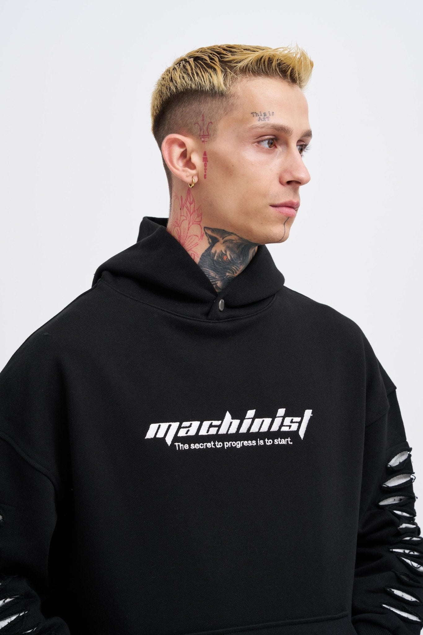 Erkek Rıpped Effects Sleeves Kapüşonlu Sweatshirt Siyah