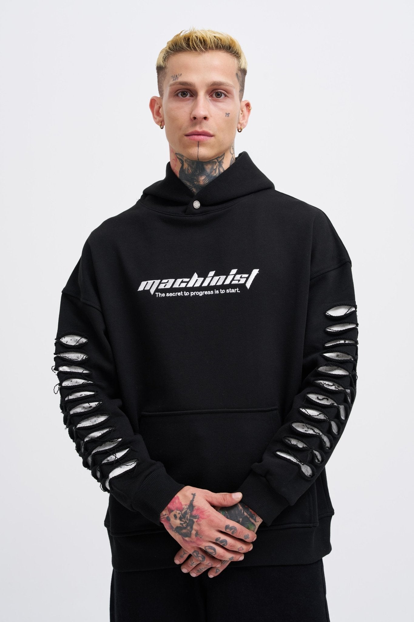 Erkek Rıpped Effects Sleeves Kapüşonlu Sweatshirt Siyah