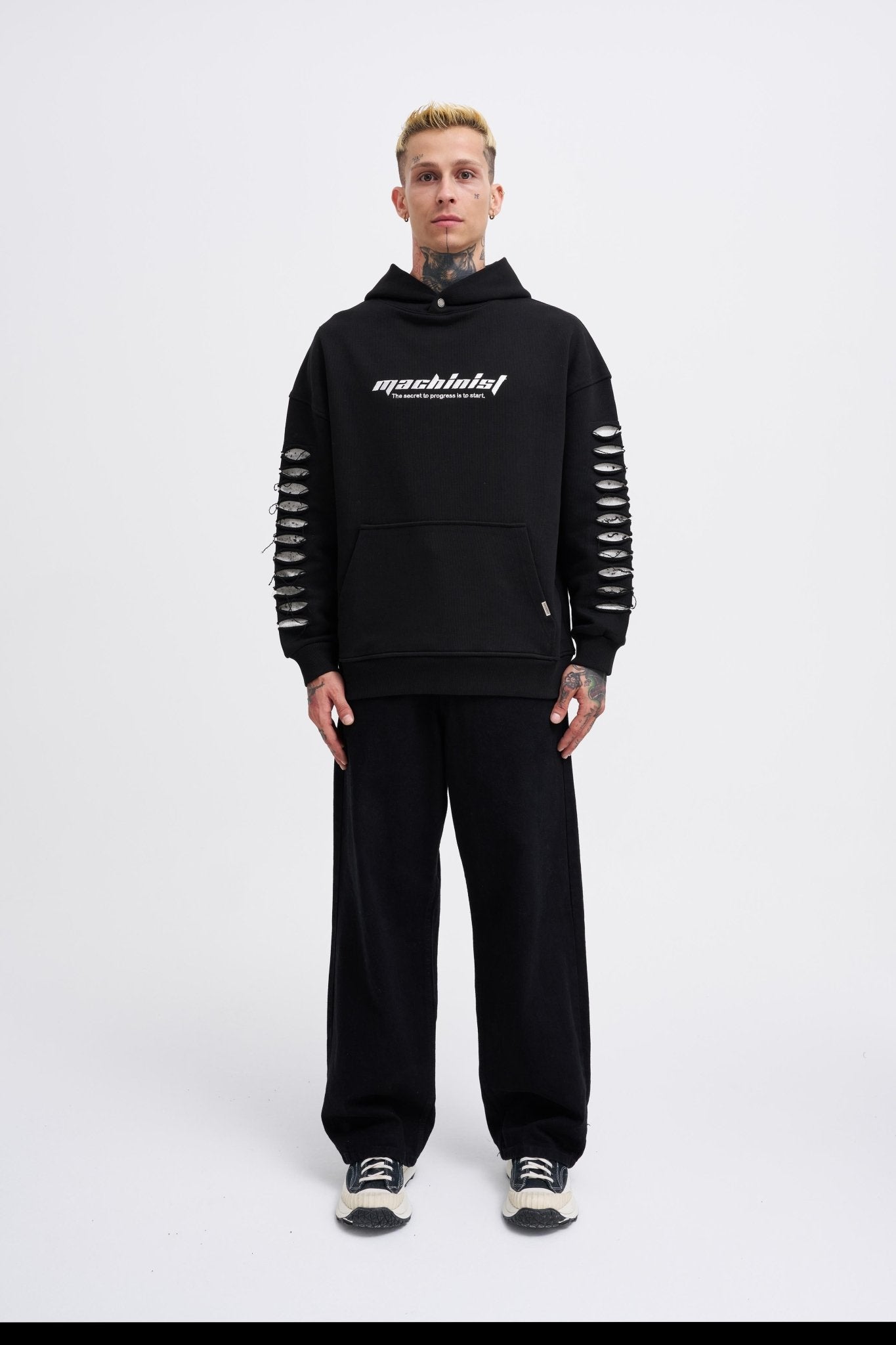 Erkek Rıpped Effects Sleeves Kapüşonlu Sweatshirt Siyah