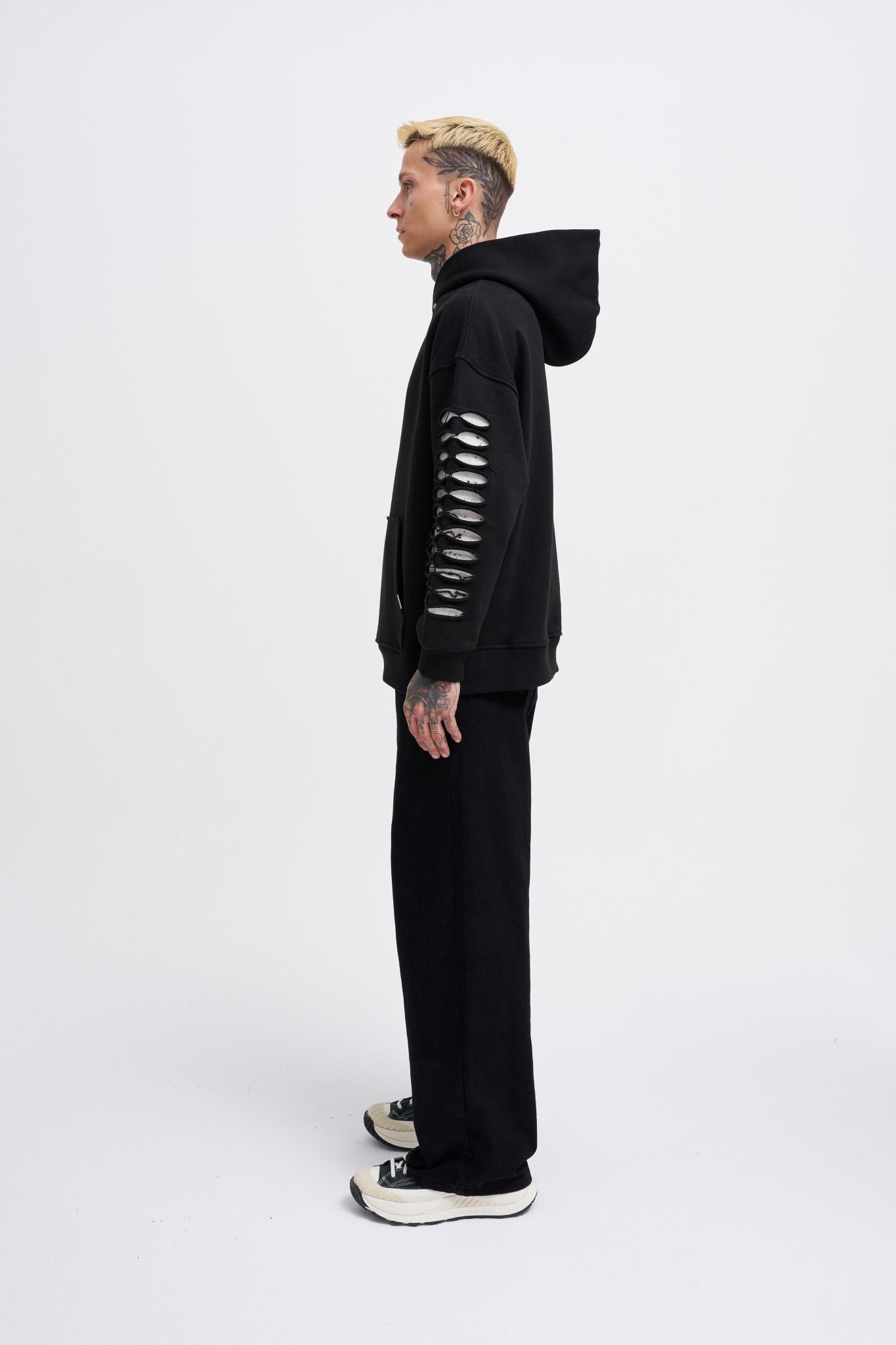 Erkek Rıpped Effects Sleeves Kapüşonlu Sweatshirt Siyah