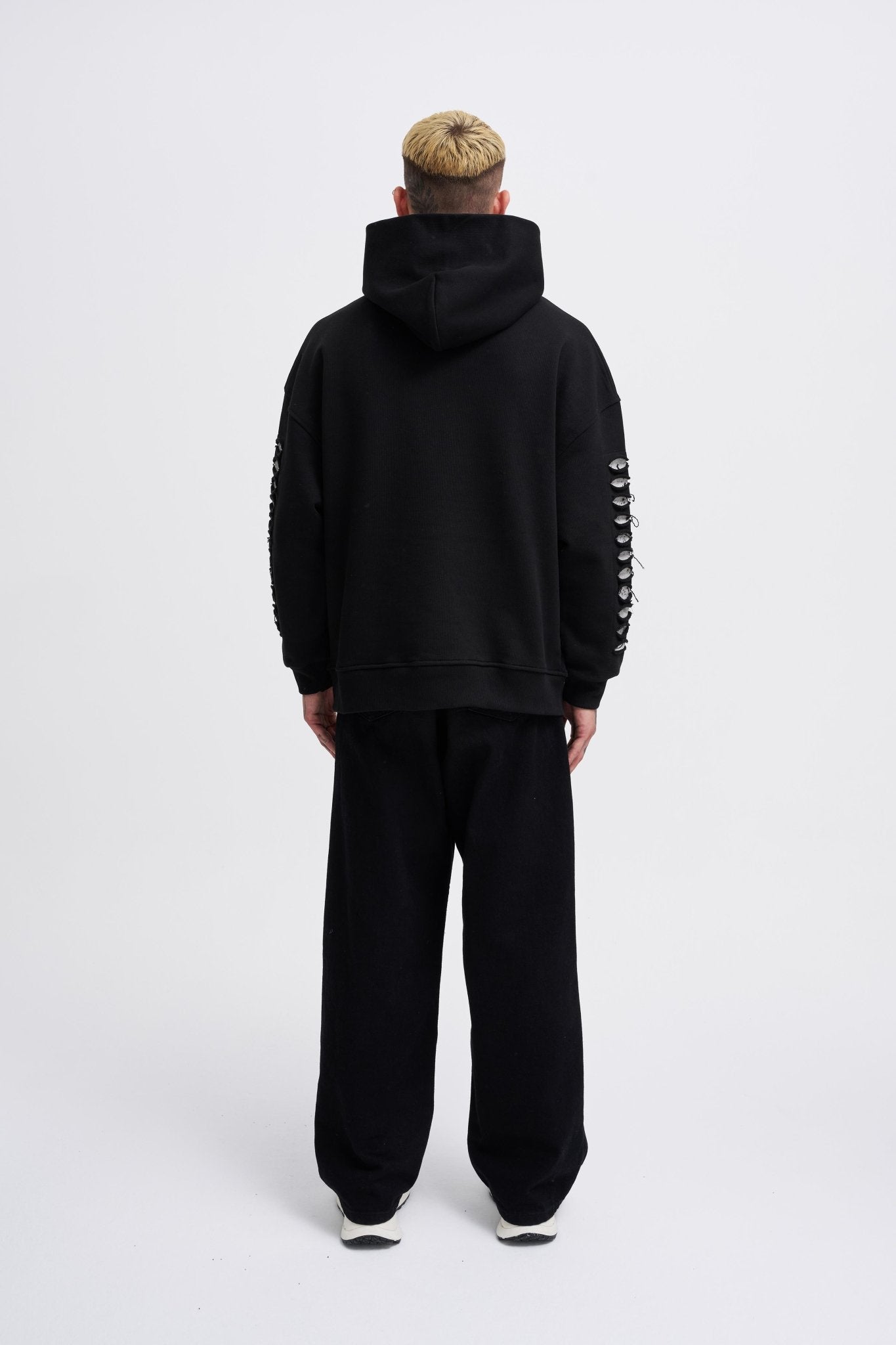 Erkek Rıpped Effects Sleeves Kapüşonlu Sweatshirt Siyah