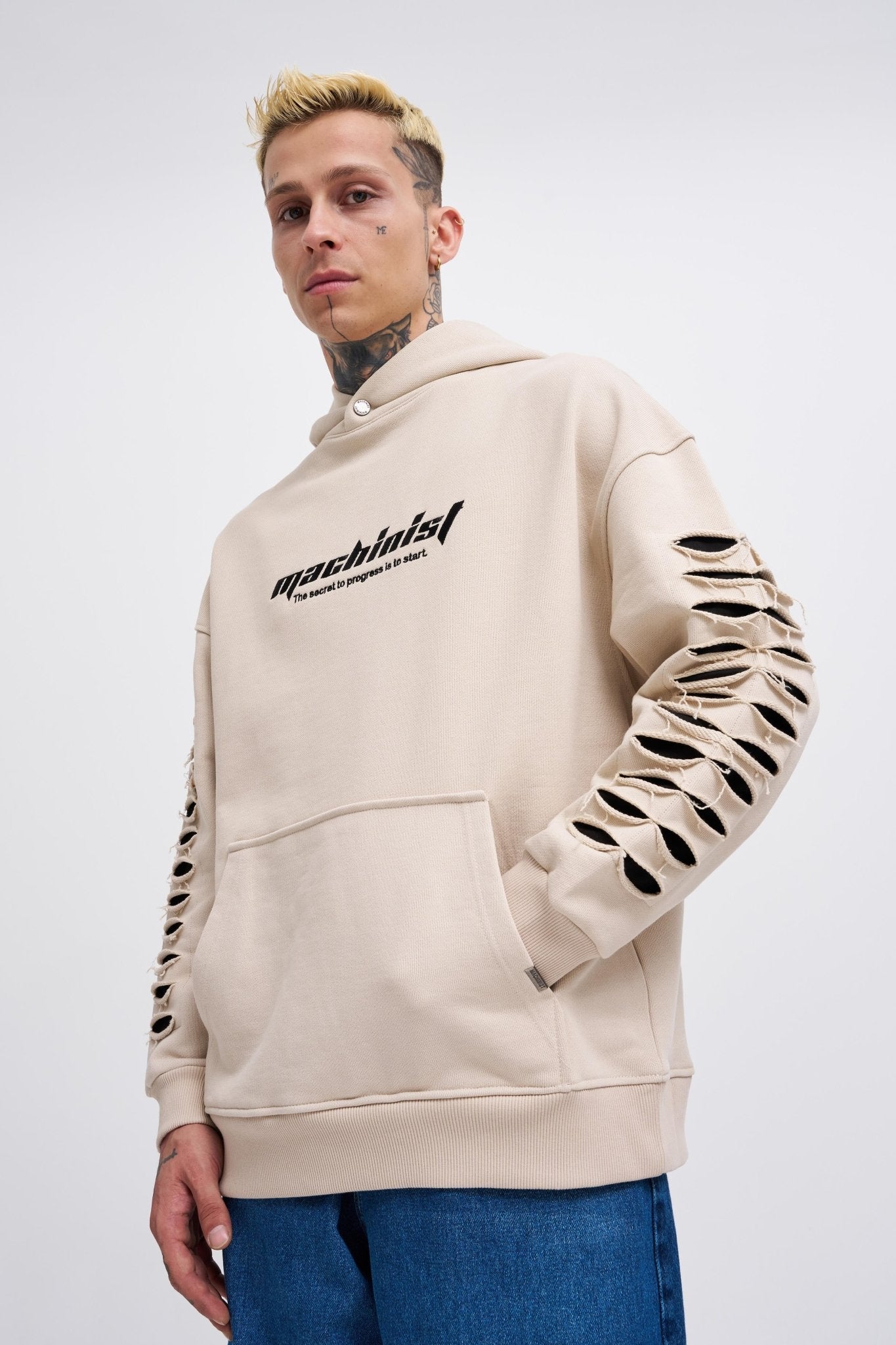 Erkek Rıpped Effects Sleeves Kapüşonlu Sweatshirt Açık Bej