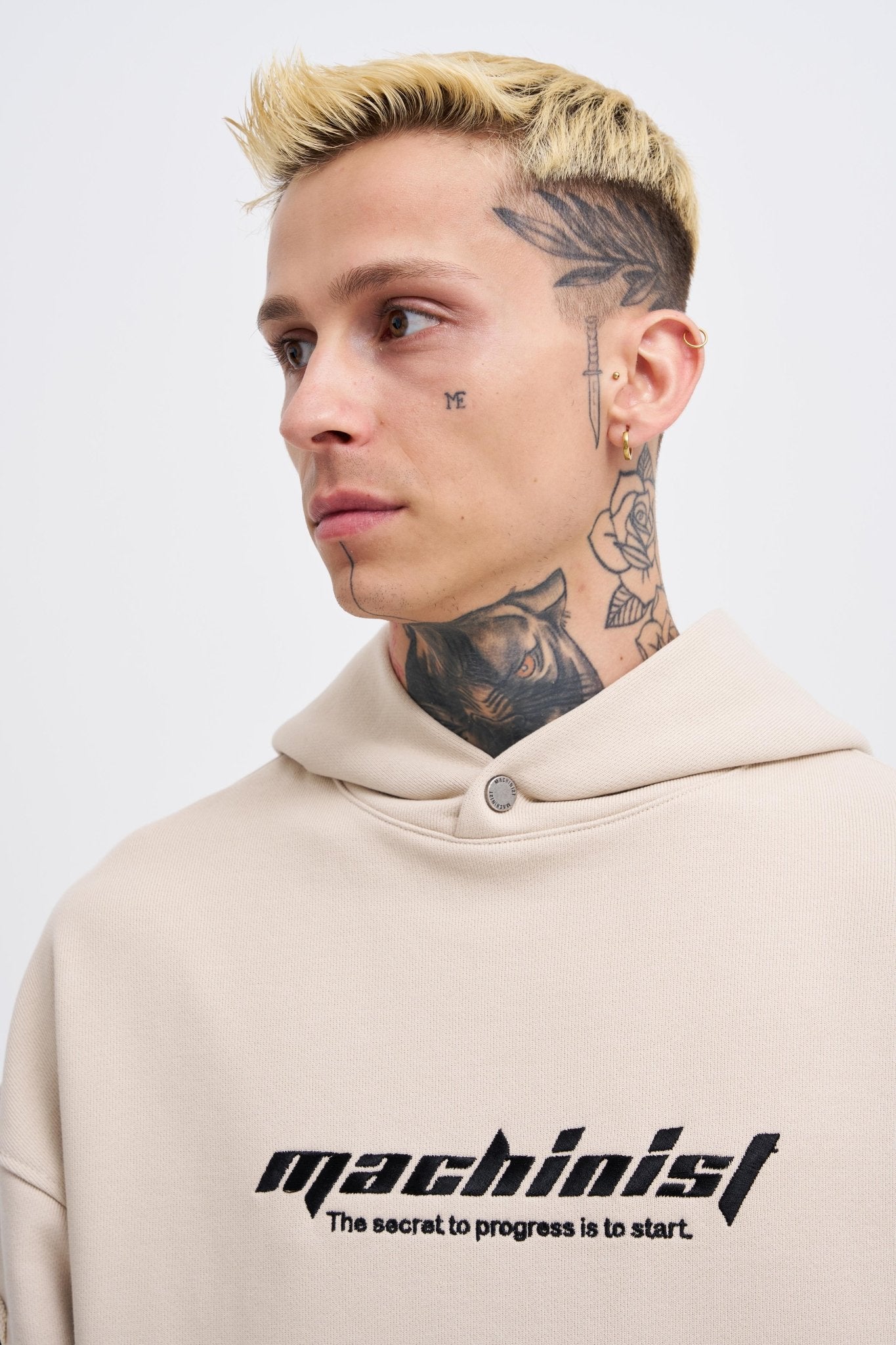 Erkek Rıpped Effects Sleeves Kapüşonlu Sweatshirt Açık Bej