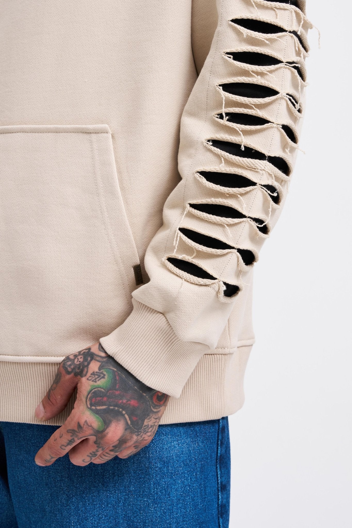 Erkek Rıpped Effects Sleeves Kapüşonlu Sweatshirt Açık Bej