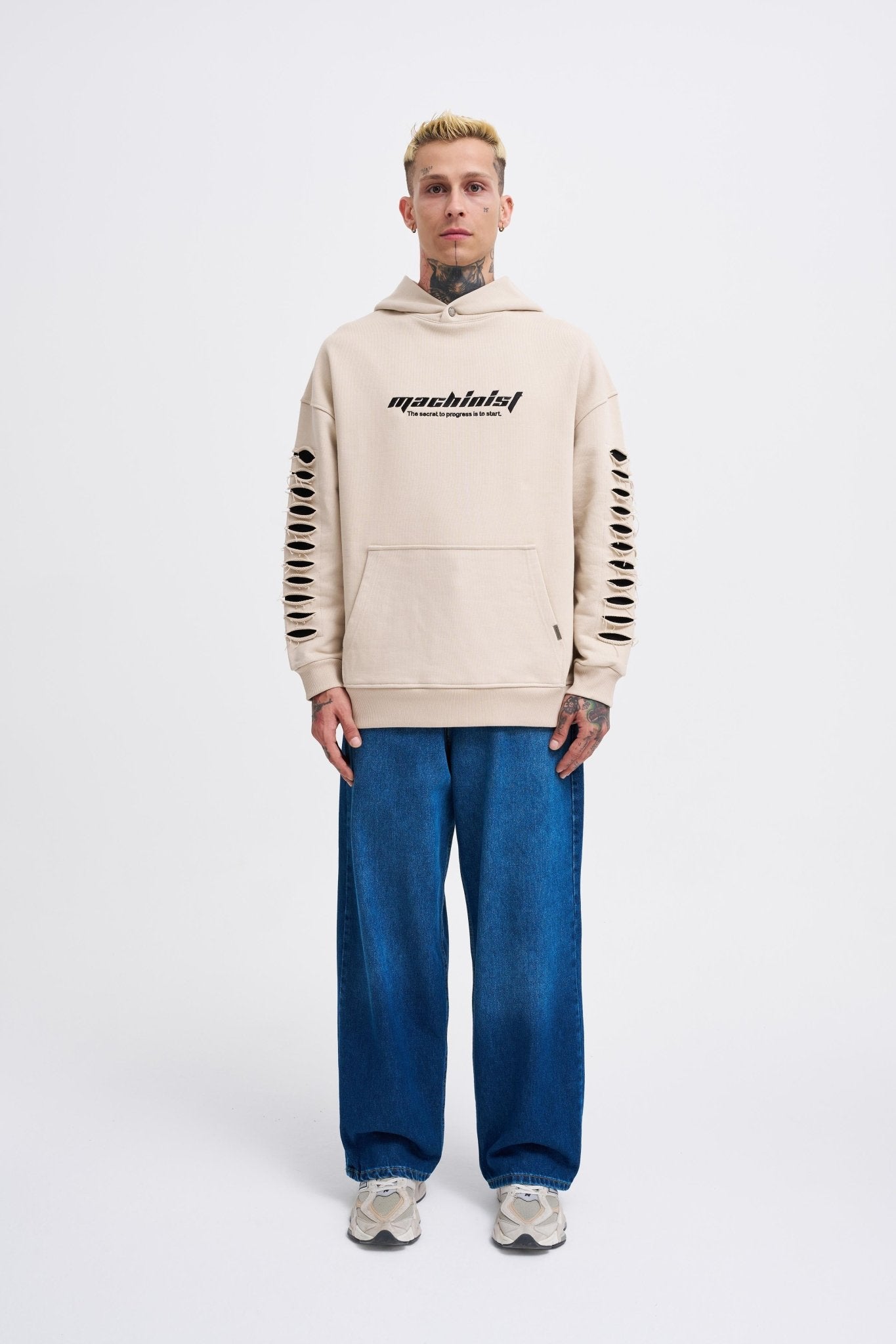 Erkek Rıpped Effects Sleeves Kapüşonlu Sweatshirt Açık Bej