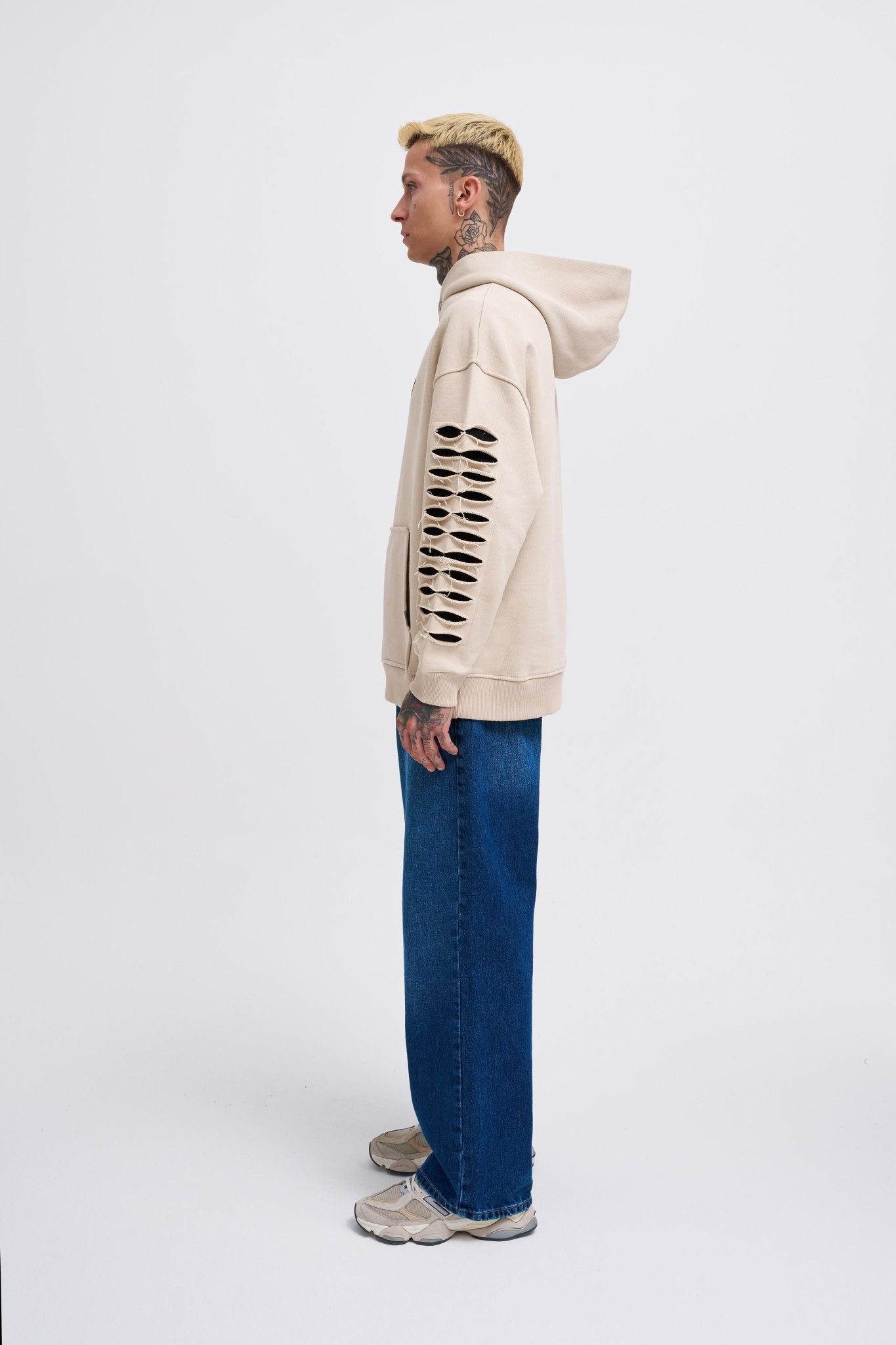 Erkek Rıpped Effects Sleeves Kapüşonlu Sweatshirt Açık Bej