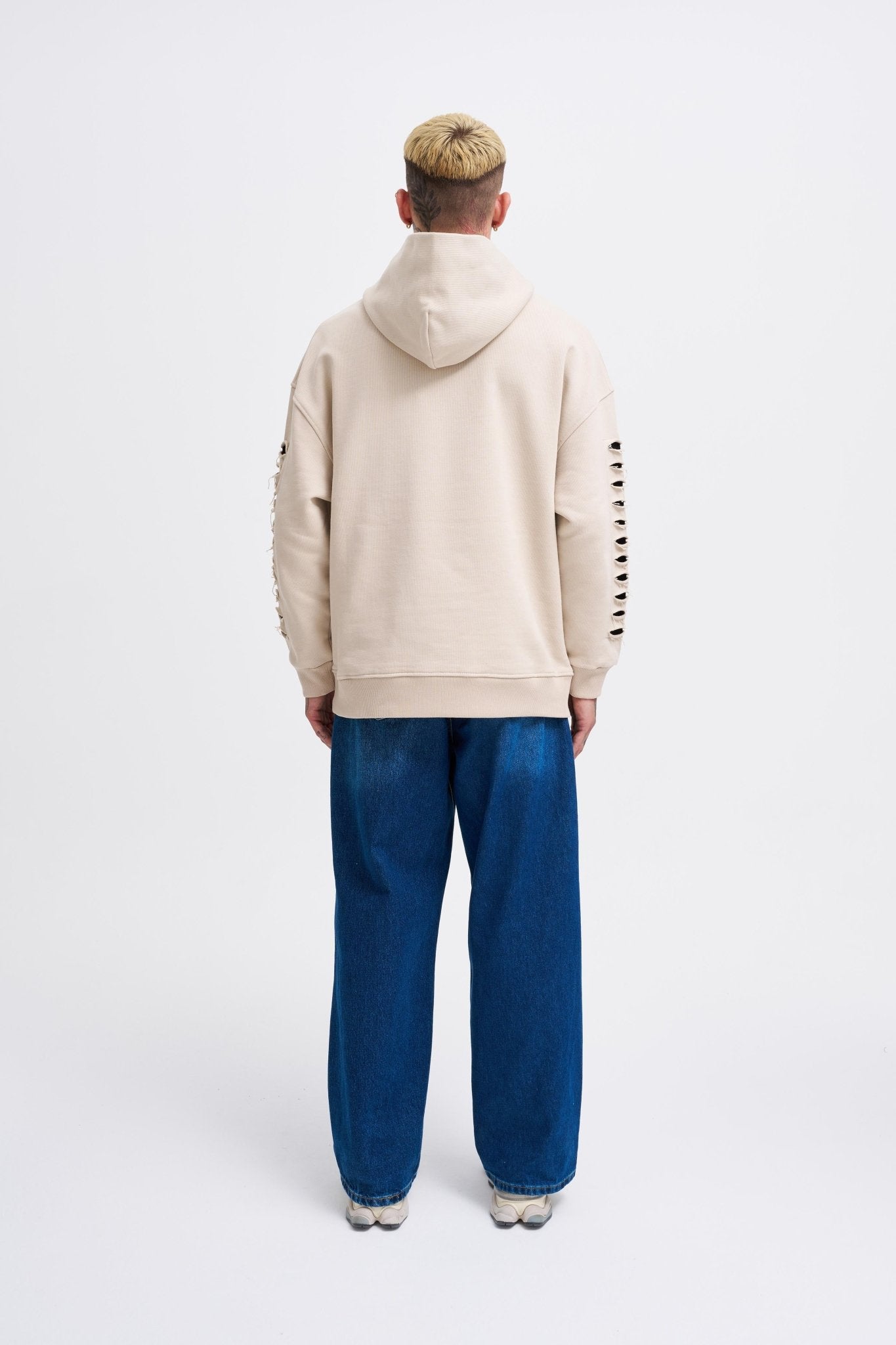 Erkek Rıpped Effects Sleeves Kapüşonlu Sweatshirt Açık Bej