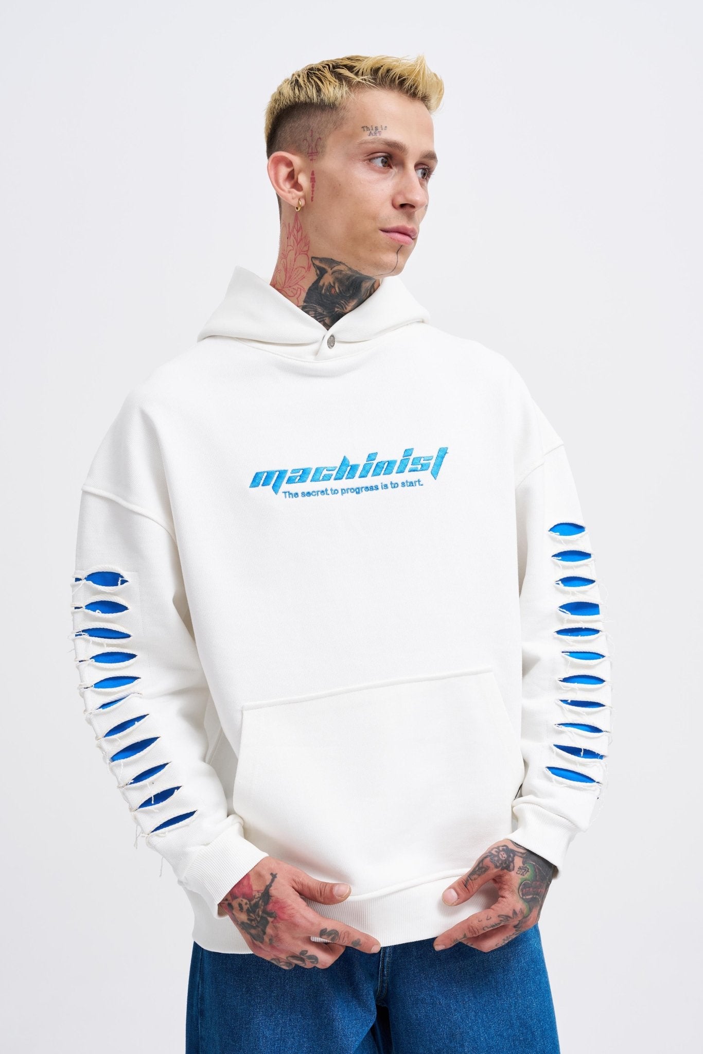 Erkek Rıpped Effects Sleeves Kapüşonlu Sweatshirt Ekru