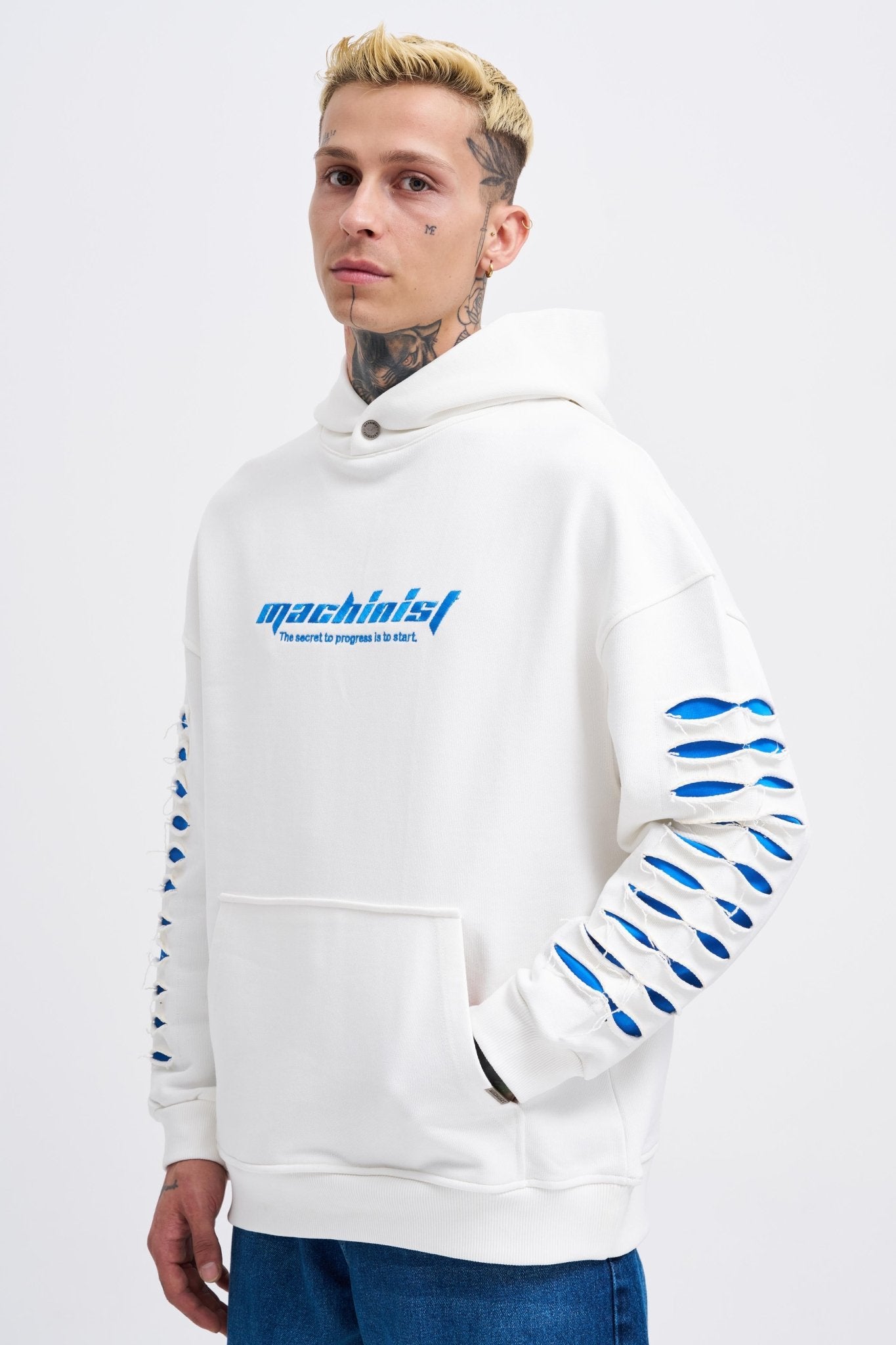 Erkek Rıpped Effects Sleeves Kapüşonlu Sweatshirt Ekru