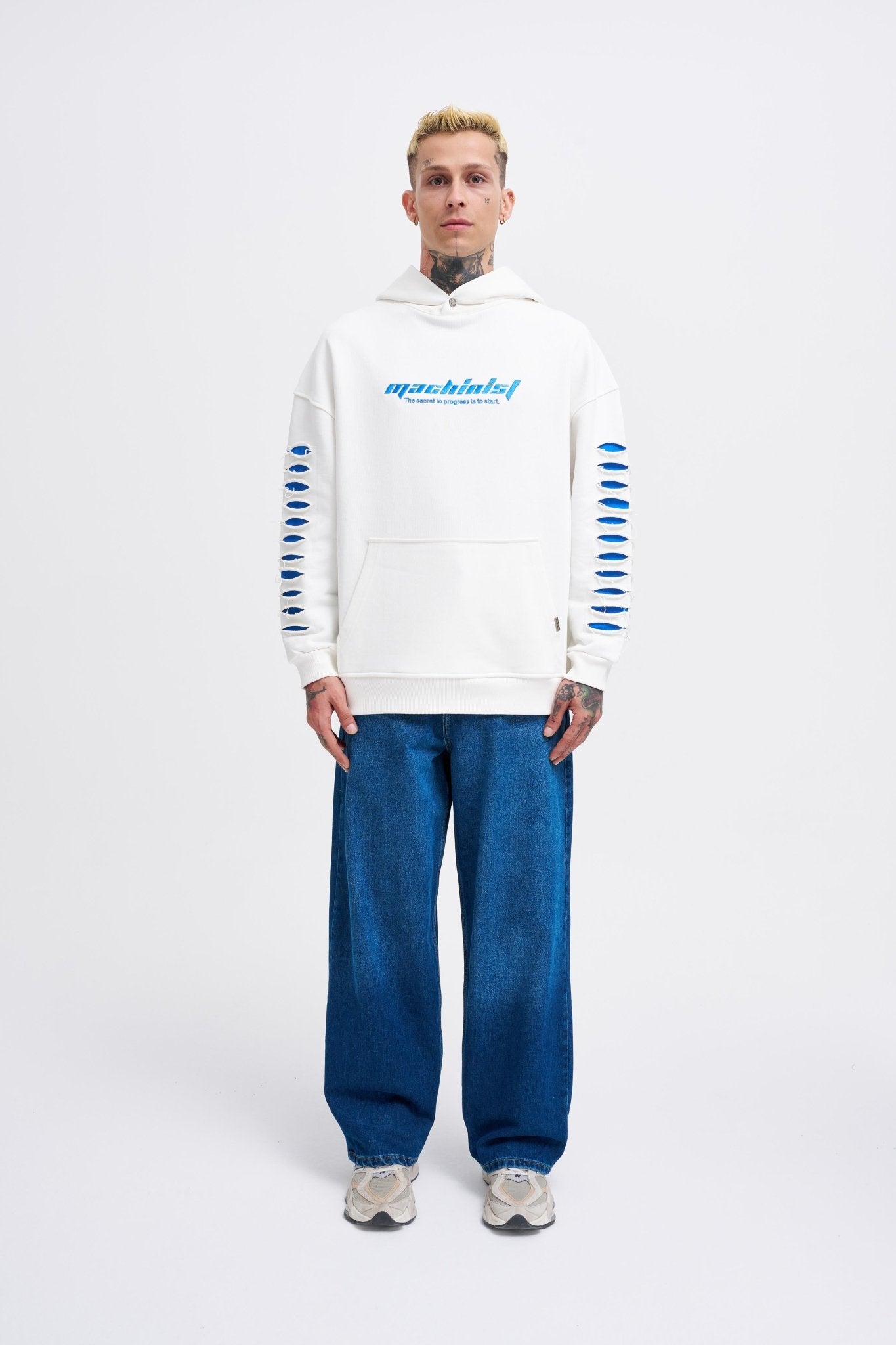 Erkek Rıpped Effects Sleeves Kapüşonlu Sweatshirt Ekru