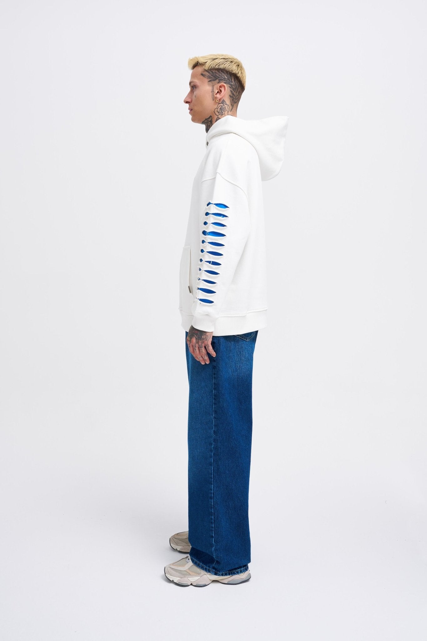 Erkek Rıpped Effects Sleeves Kapüşonlu Sweatshirt Ekru