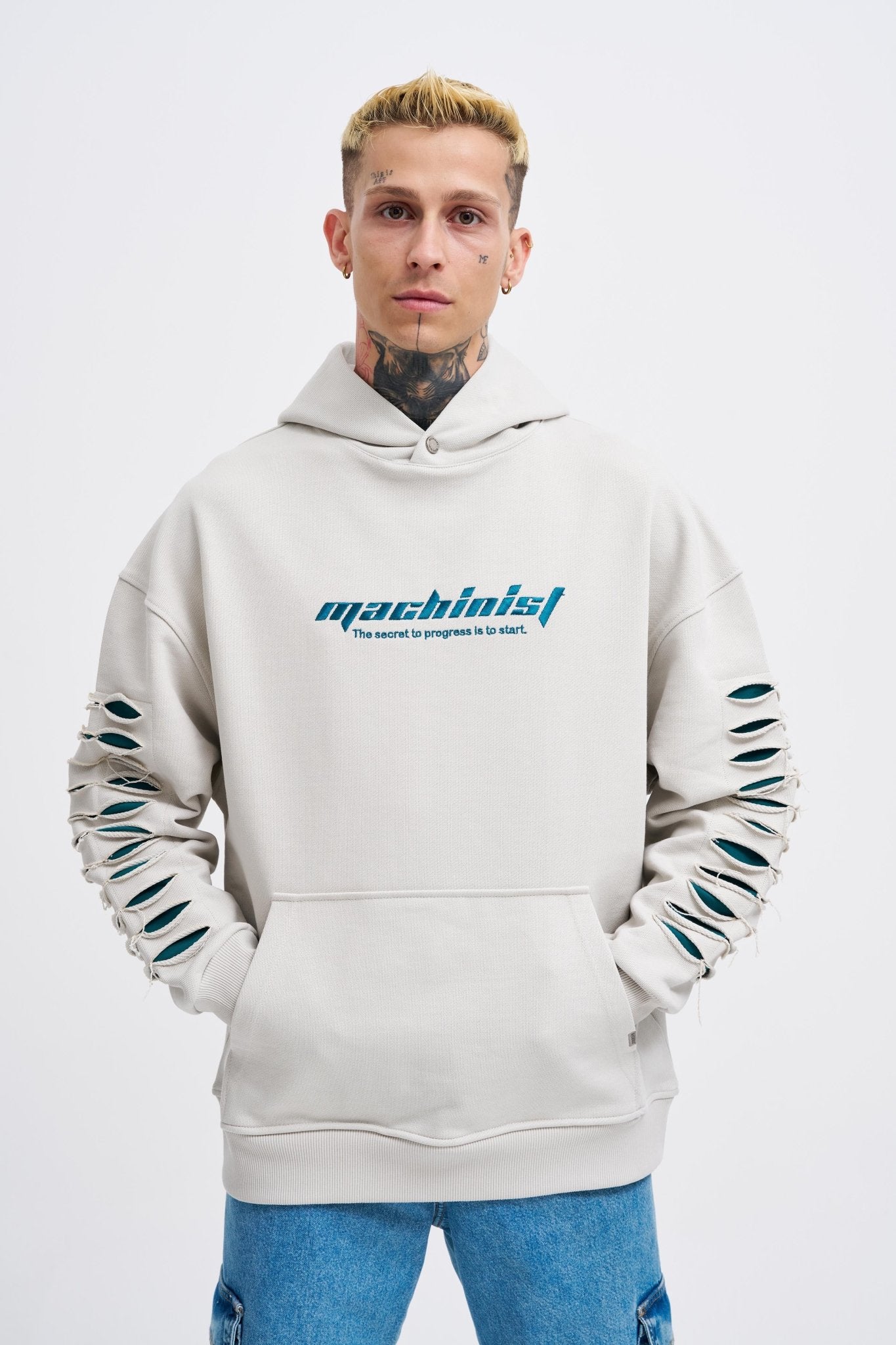 Erkek Rıpped Effects Sleeves Kapüşonlu Sweatshirt Uzay Grisi
