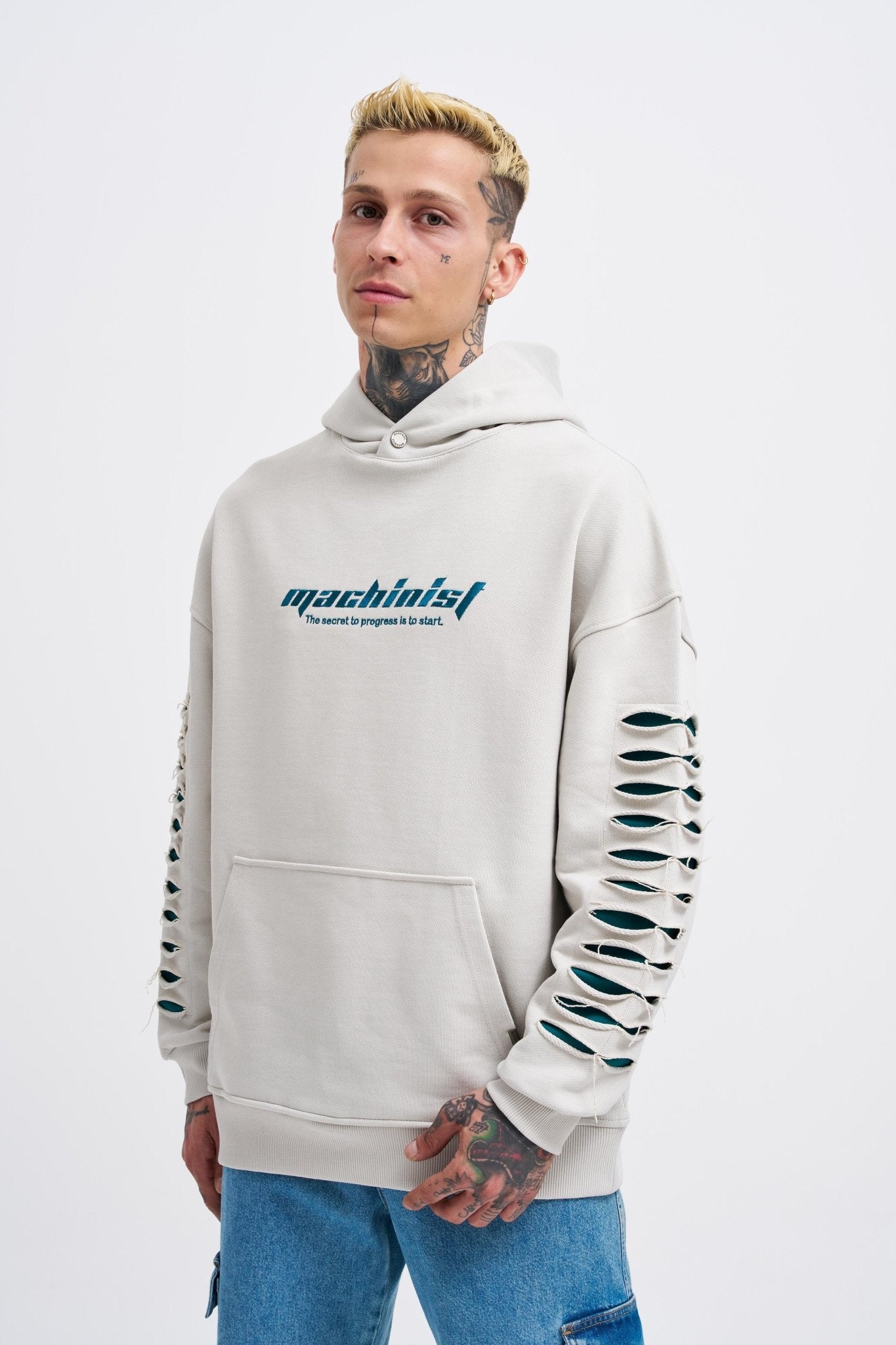 Erkek Rıpped Effects Sleeves Kapüşonlu Sweatshirt Uzay Grisi