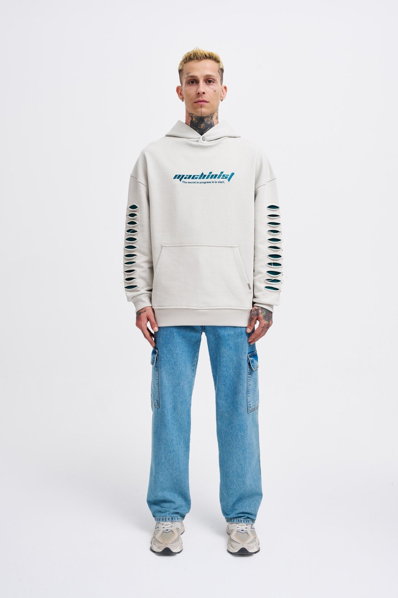 Erkek Rıpped Effects Sleeves Kapüşonlu Sweatshirt Uzay Grisi