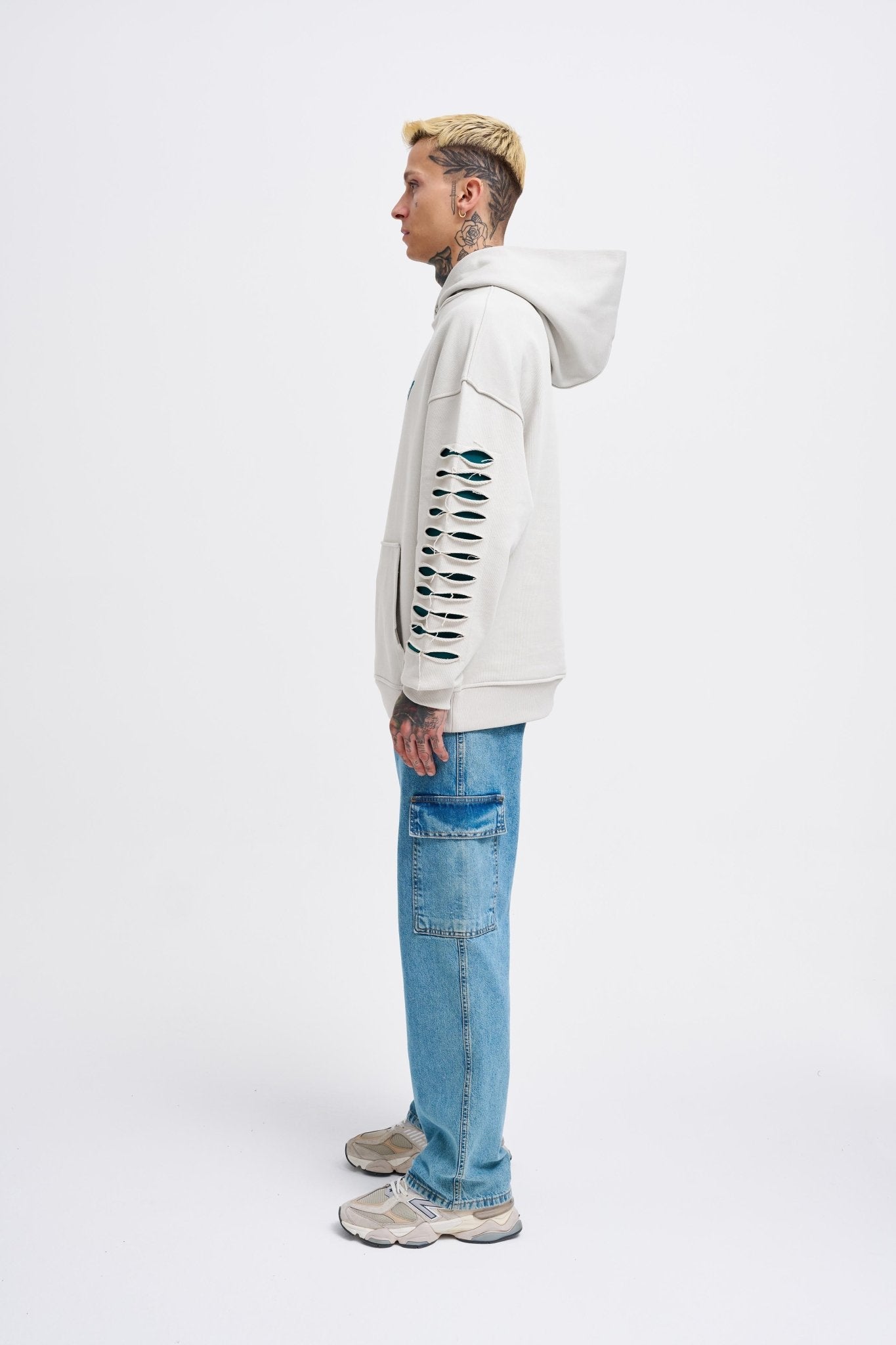 Erkek Rıpped Effects Sleeves Kapüşonlu Sweatshirt Uzay Grisi