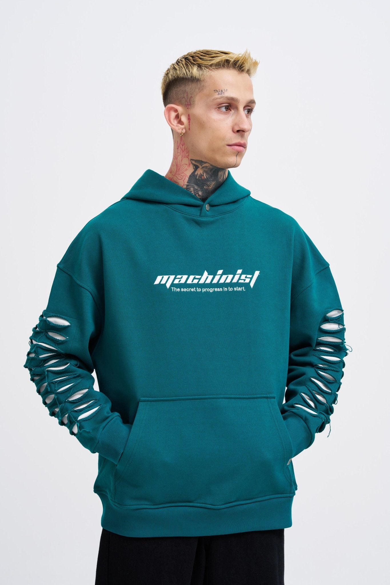 Erkek Rıpped Effects Sleeves Kapüşonlu Sweatshirt Yağ Yeşili