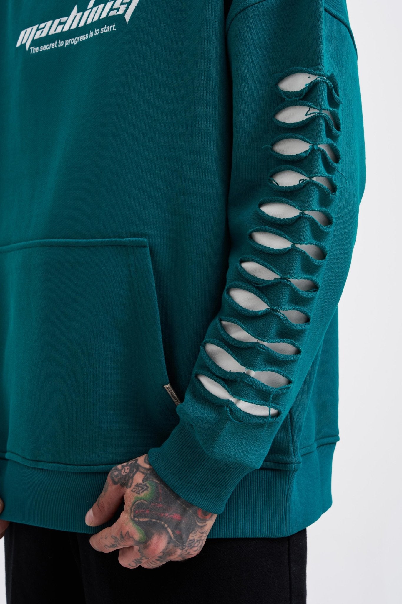 Erkek Rıpped Effects Sleeves Kapüşonlu Sweatshirt Yağ Yeşili