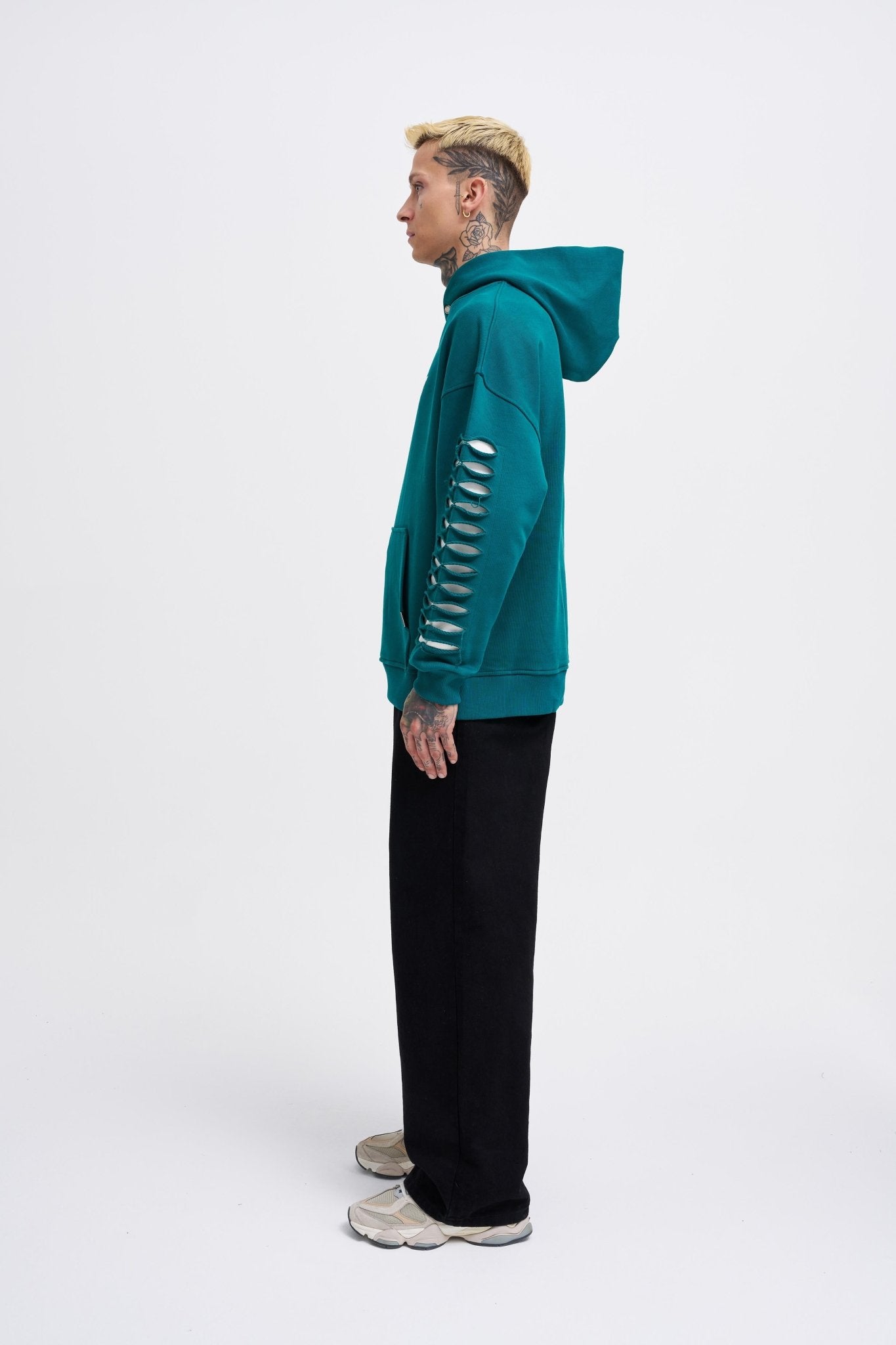 Erkek Rıpped Effects Sleeves Kapüşonlu Sweatshirt Yağ Yeşili