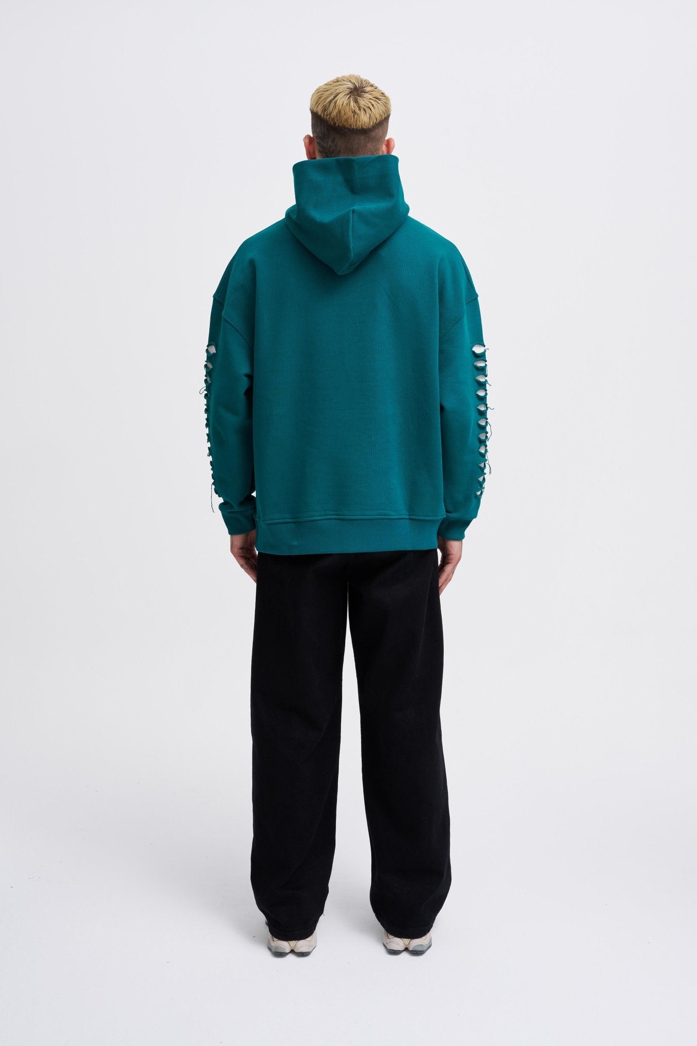Erkek Rıpped Effects Sleeves Kapüşonlu Sweatshirt Yağ Yeşili