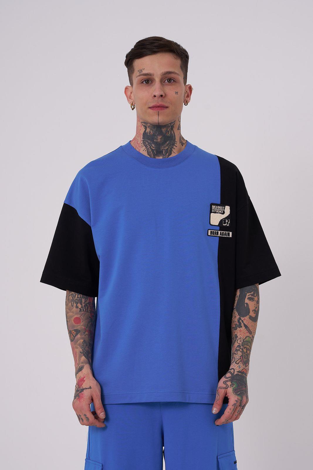 Erkek Ripped Technical Nakışlı Oversize Tişört Açık Mavi - Siyah