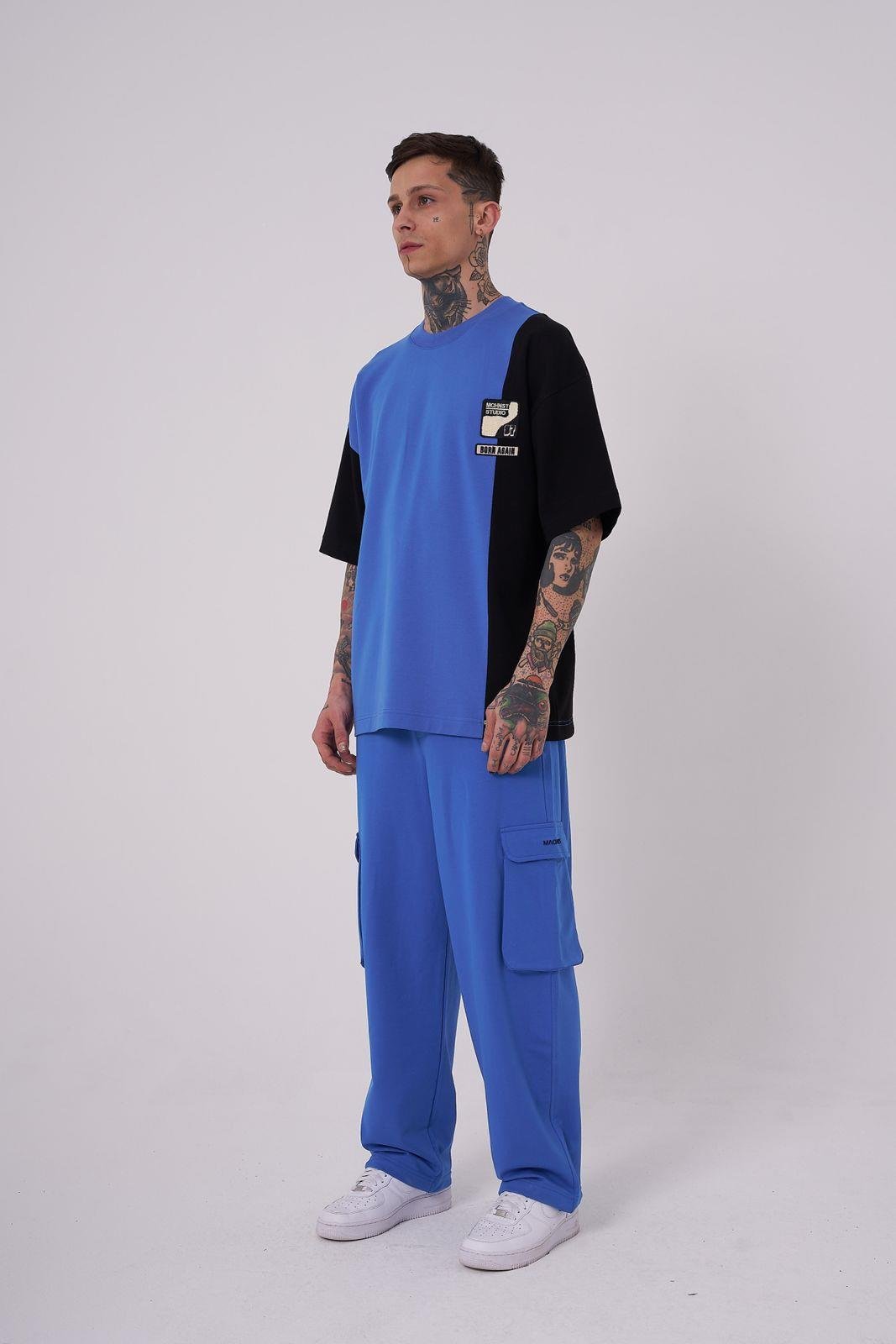 Erkek Ripped Technical Nakışlı Oversize Tişört Siyah - Açık Bej
