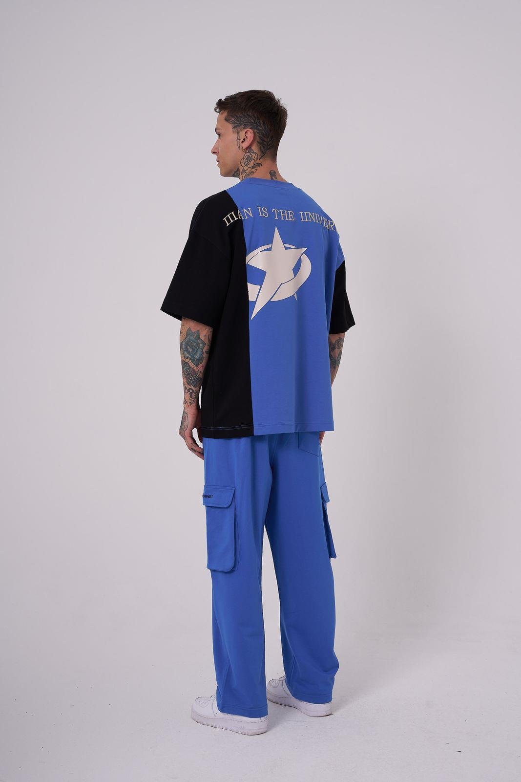 Erkek Ripped Technical Nakışlı Oversize Tişört Siyah - Açık Bej