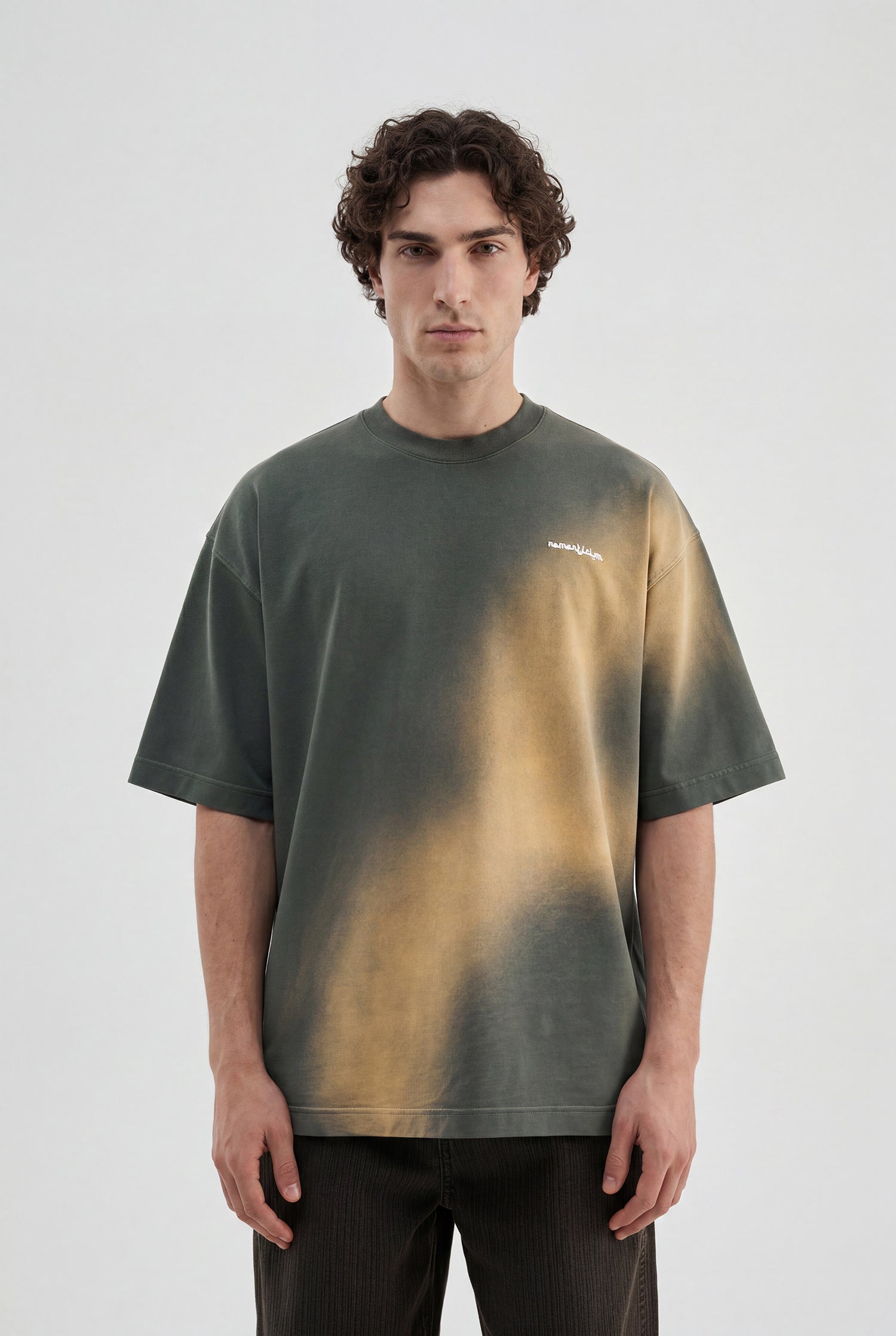 Erkek Romanticism Baskılı Yıkamalı Oversize Tişört Haki
