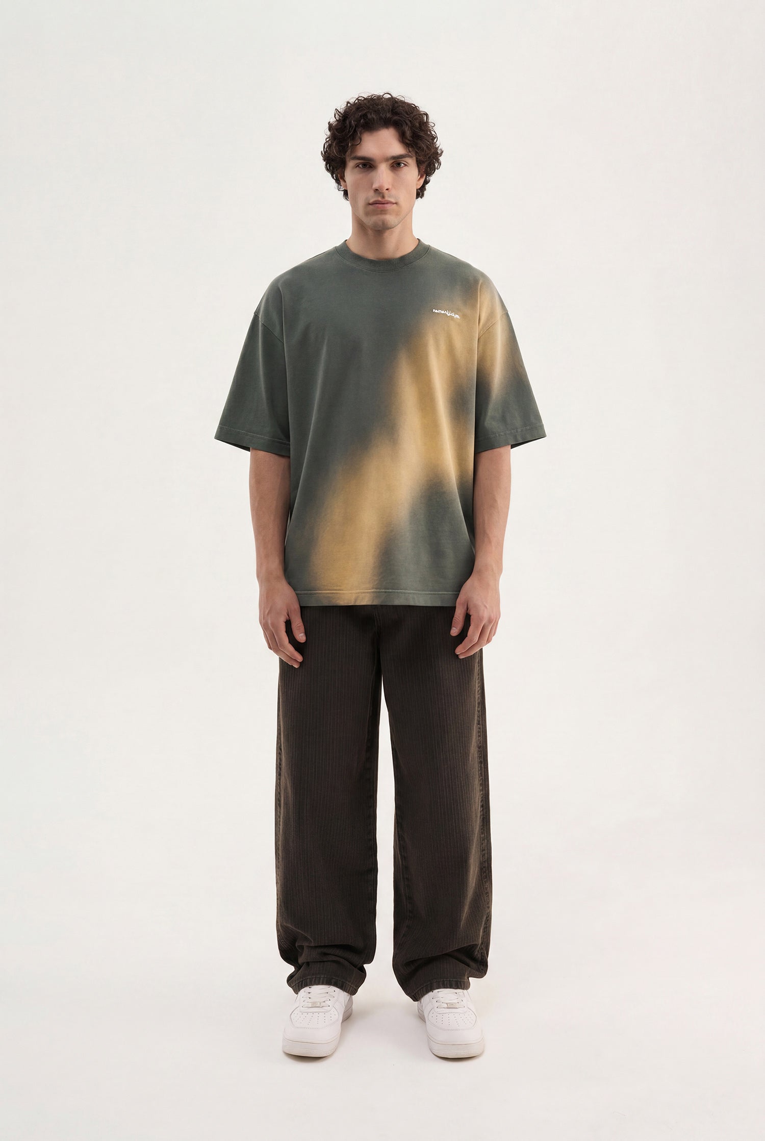 Erkek Romanticism Baskılı Yıkamalı Oversize Tişört Haki-4