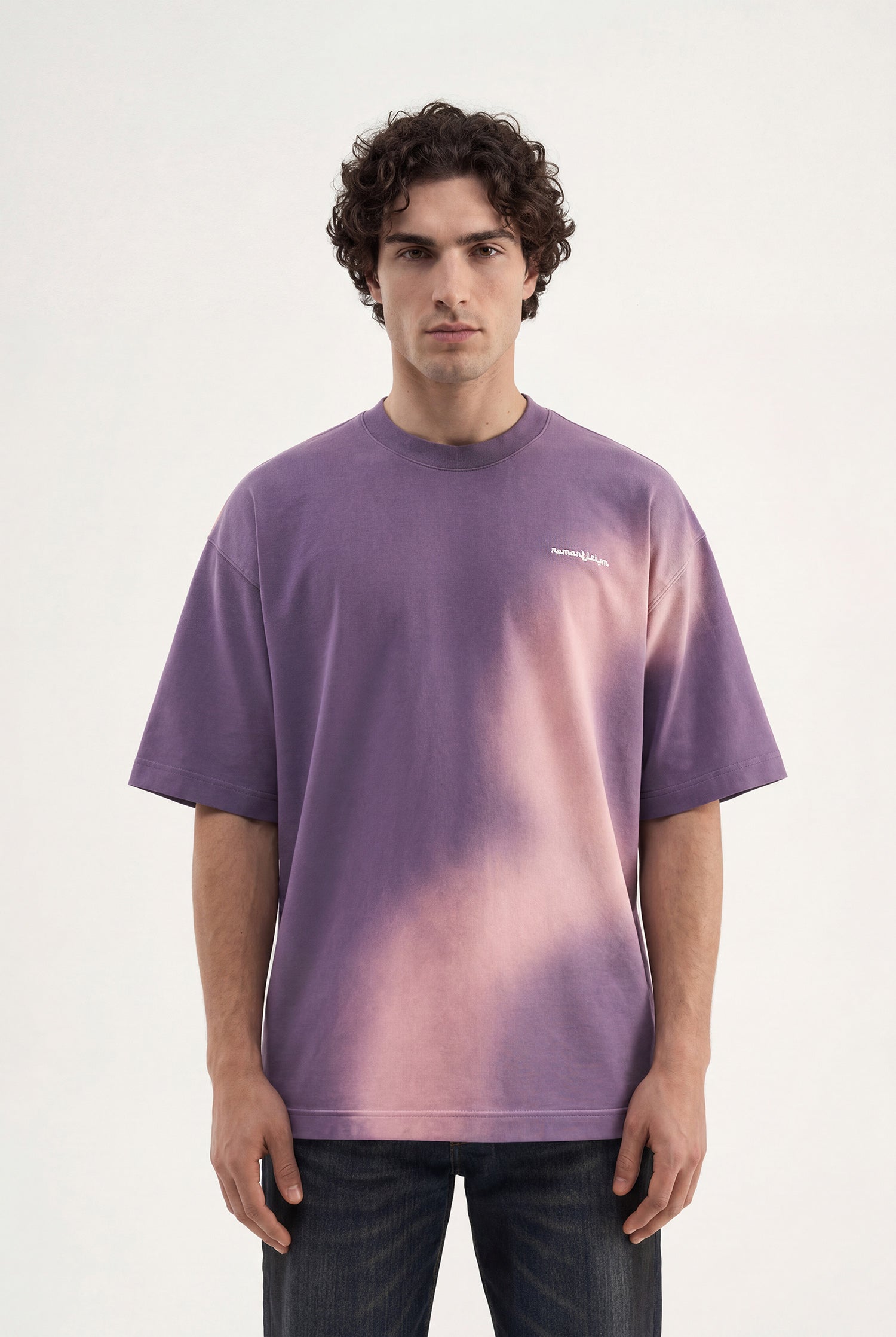 Erkek Romanticism Baskılı Yıkamalı Oversize Tişört Mor
