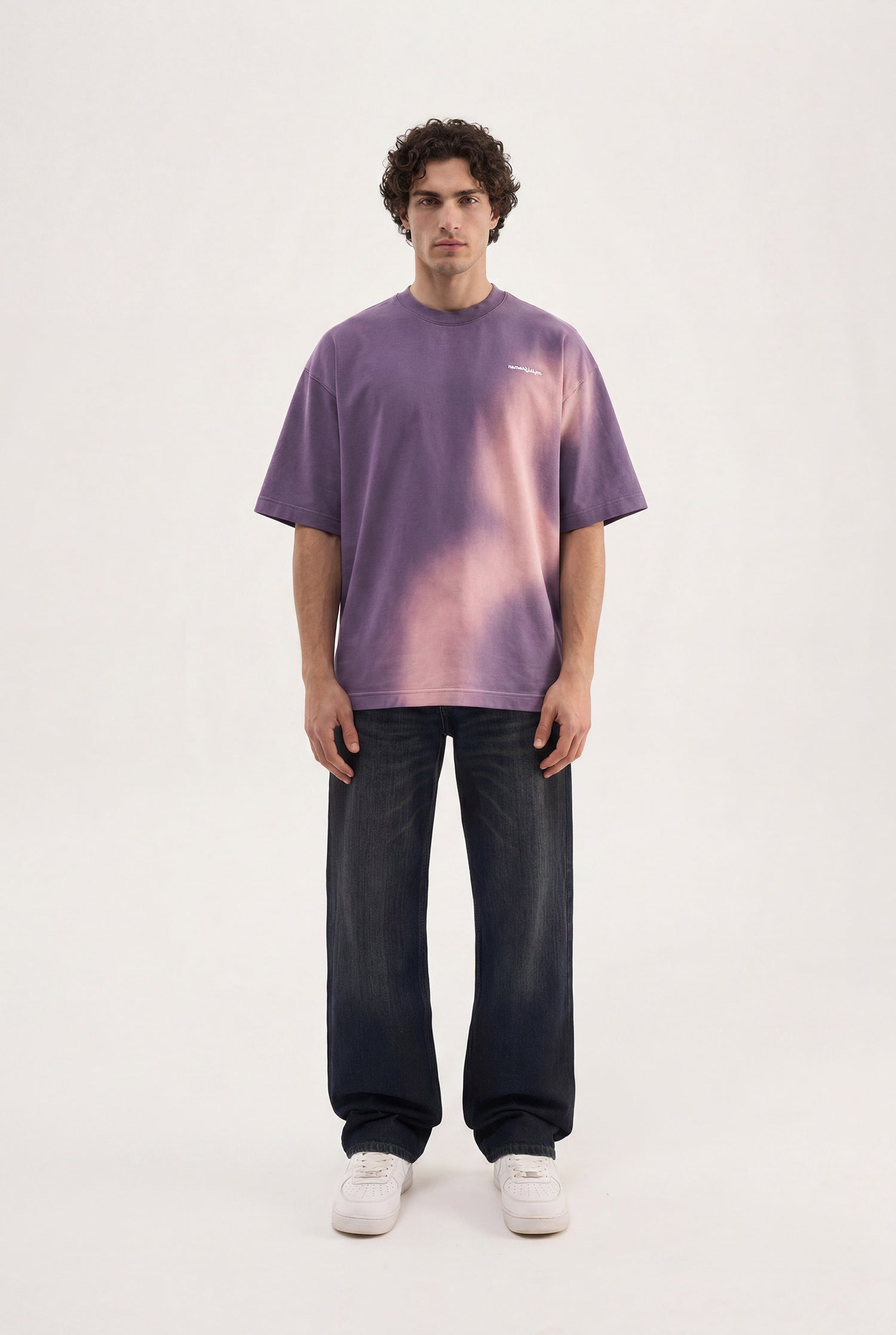 Erkek Romanticism Baskılı Yıkamalı Oversize Tişört Mor-4