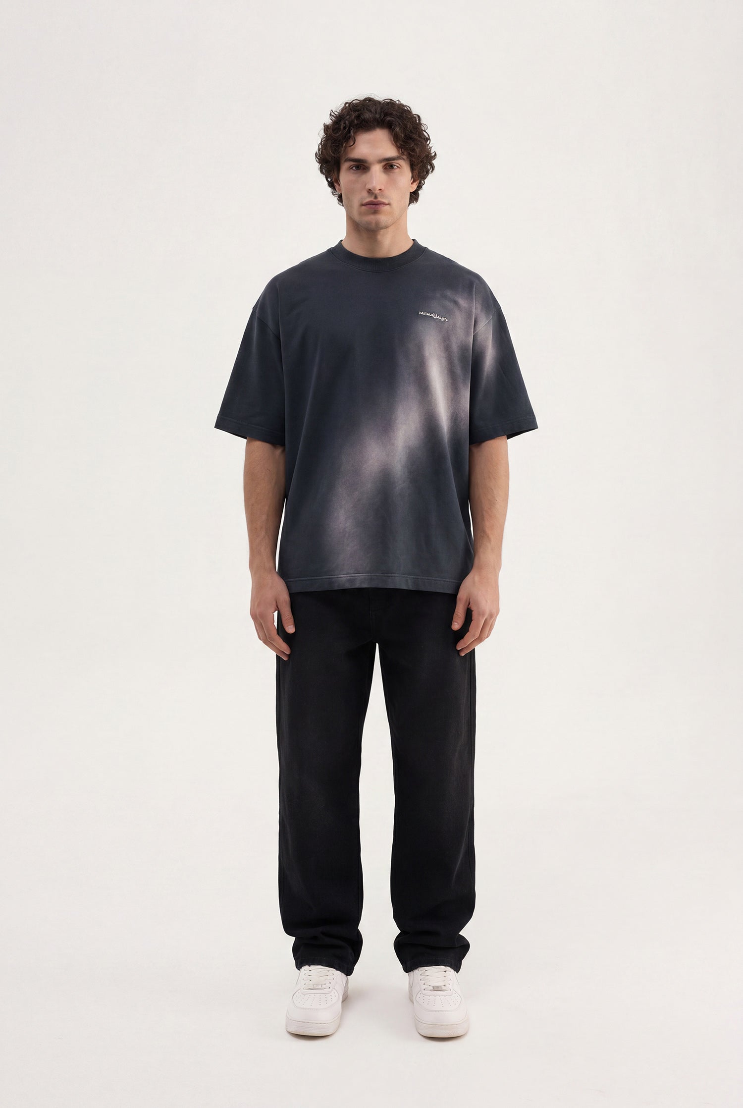 Erkek Romanticism Baskılı Yıkamalı Oversize Tişört Siyah-4