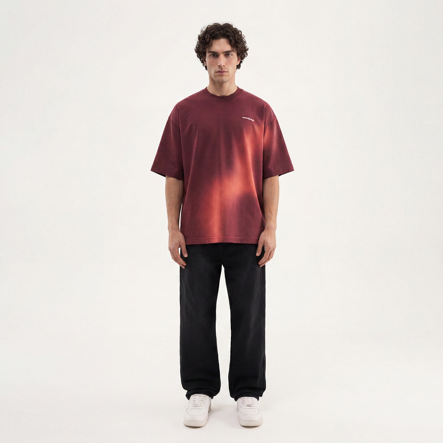 Erkek Romanticism Baskılı Yıkamalı Oversize Tişört Vişne-4