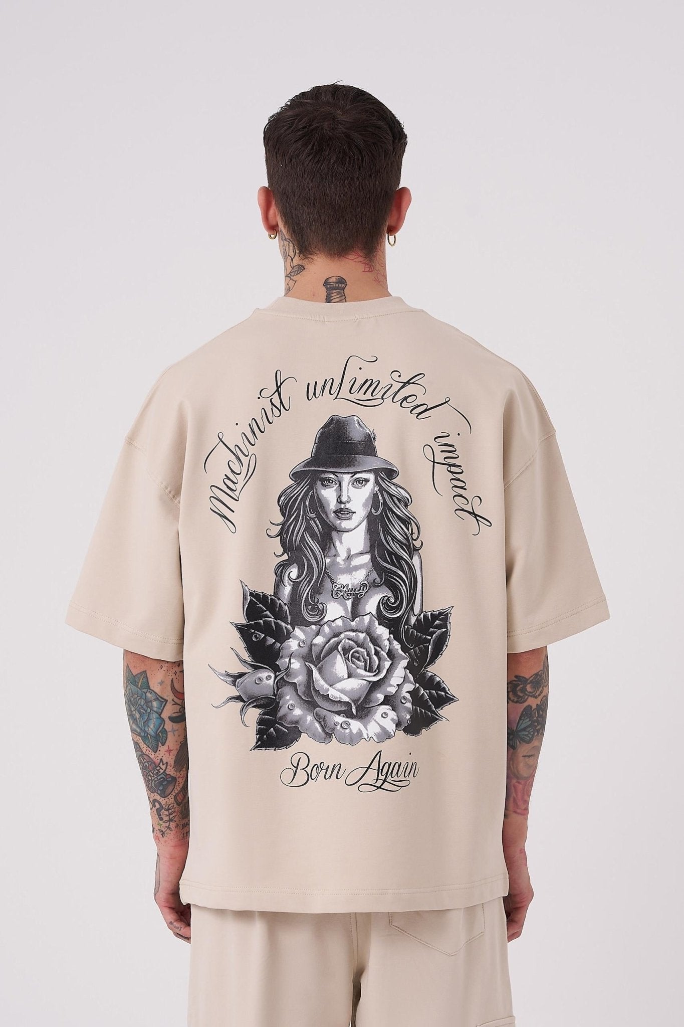 Erkek Rose Baskılı Oversize Tişört Açık Bej