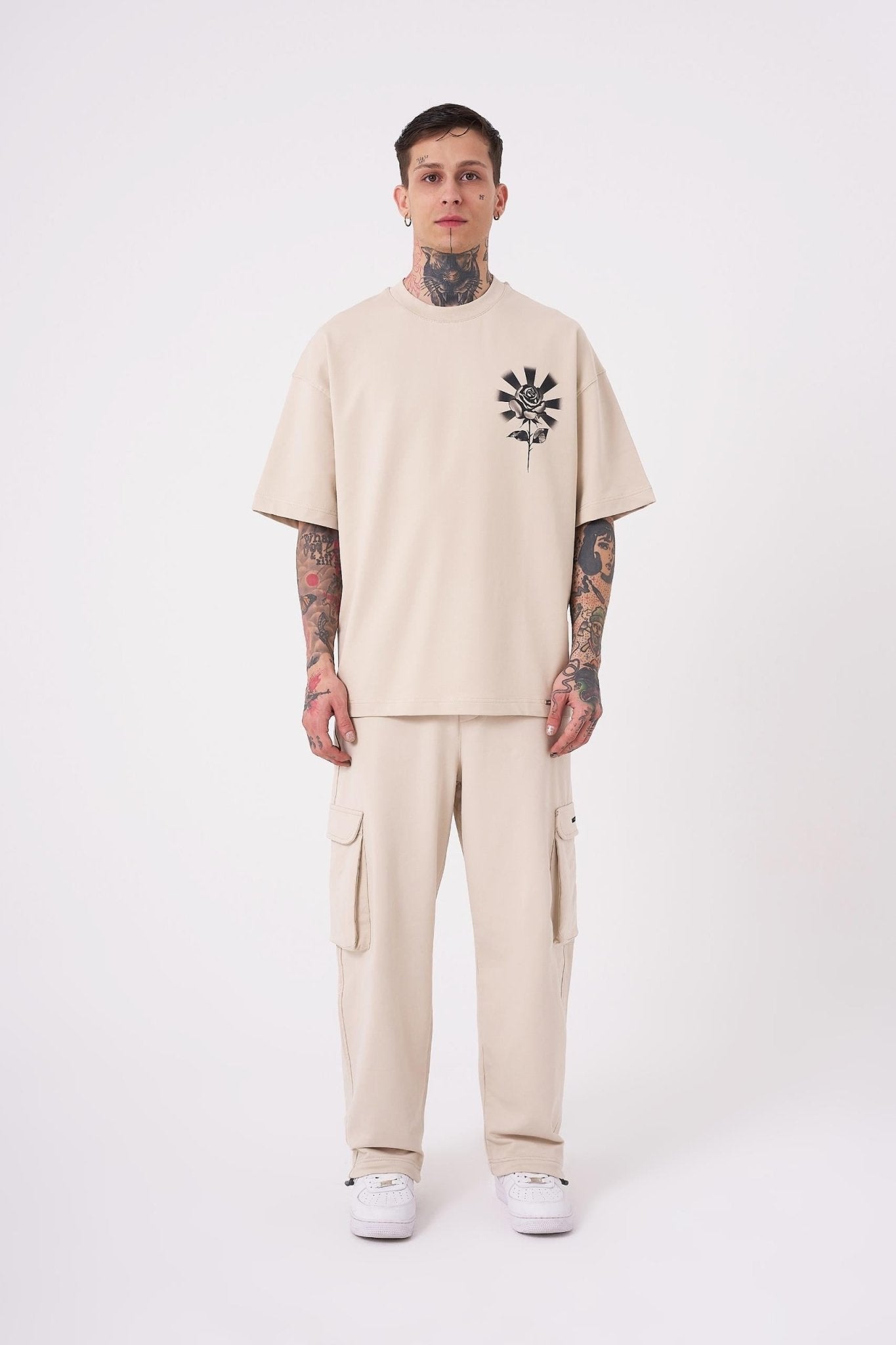 Erkek Rose Baskılı Oversize Tişört Açık Bej