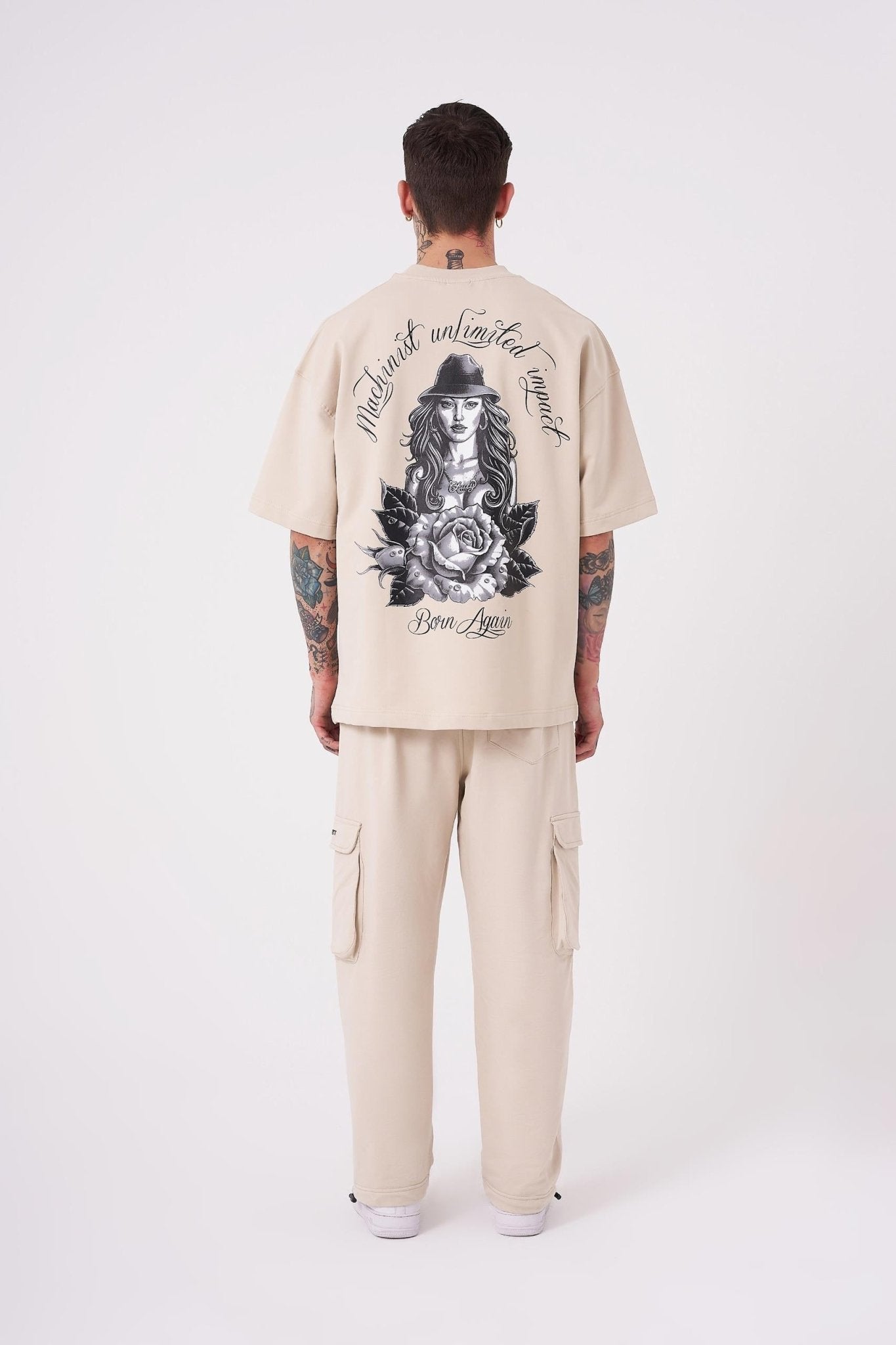 Erkek Rose Baskılı Oversize Tişört Açık Bej