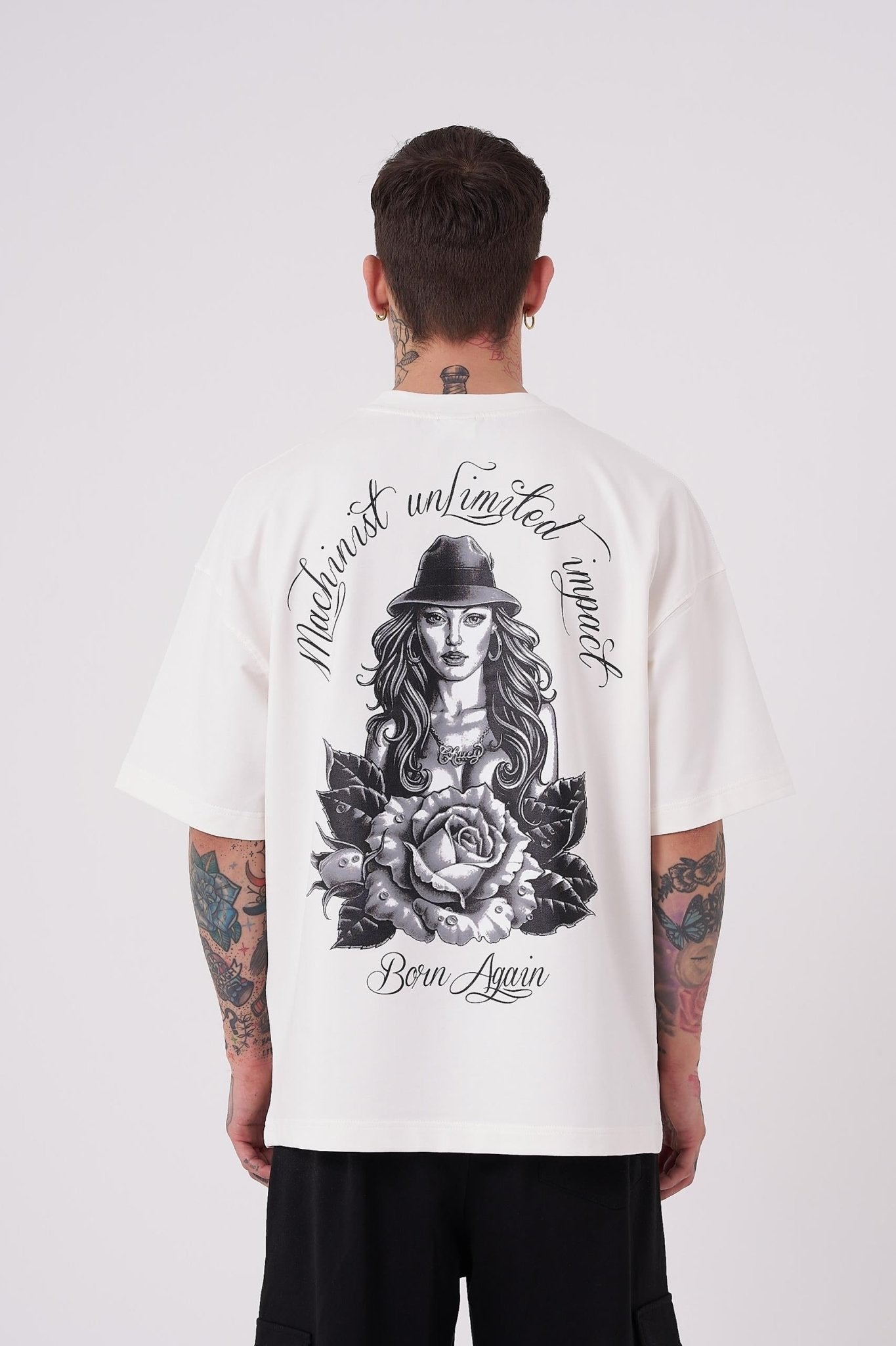 Erkek Rose Baskılı Oversize Tişört Ekru