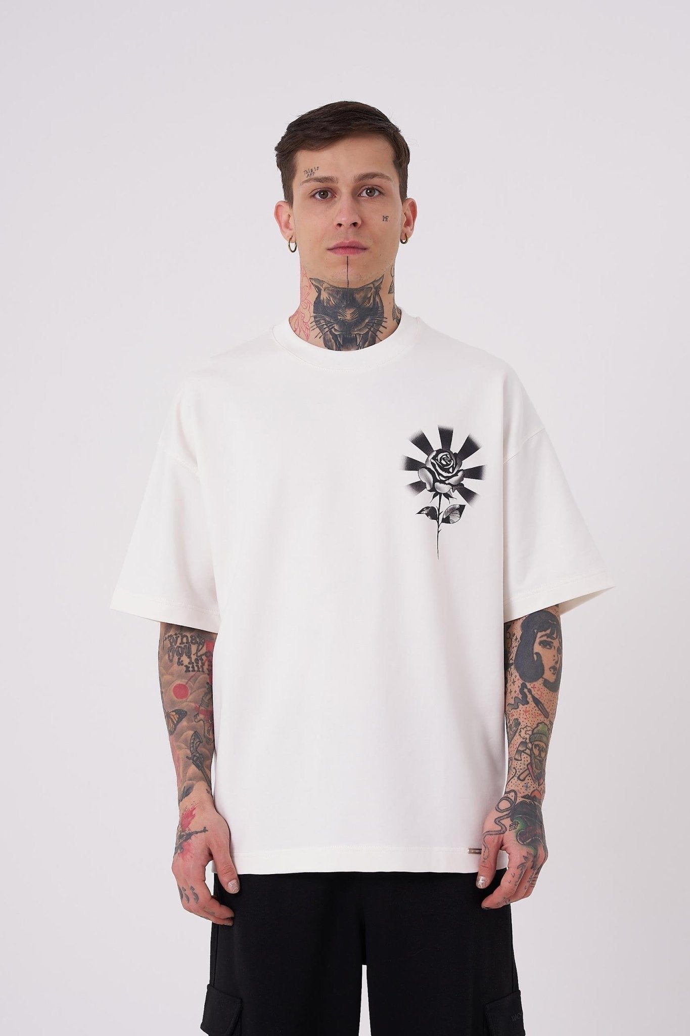 Erkek Rose Baskılı Oversize Tişört Ekru
